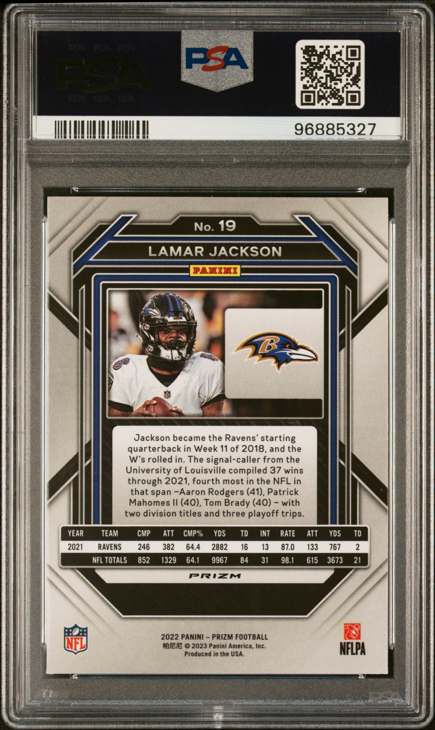 2022 Panini Prizm Lamar Jackson #19 Red/White/Blue PSA 10 Ravens