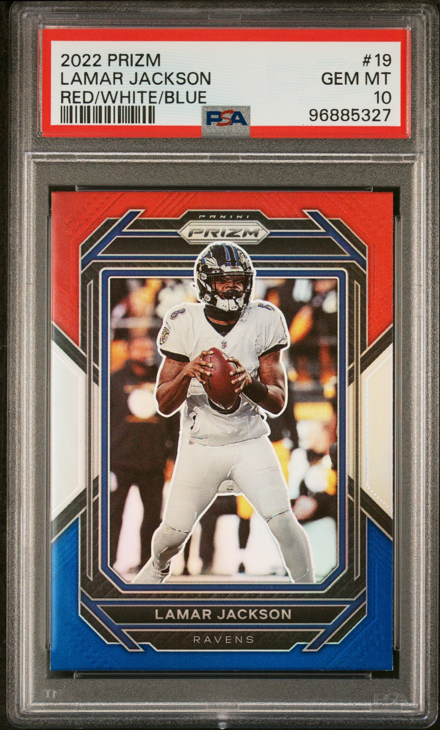 2022 Panini Prizm Lamar Jackson #19 Red/White/Blue PSA 10 Ravens