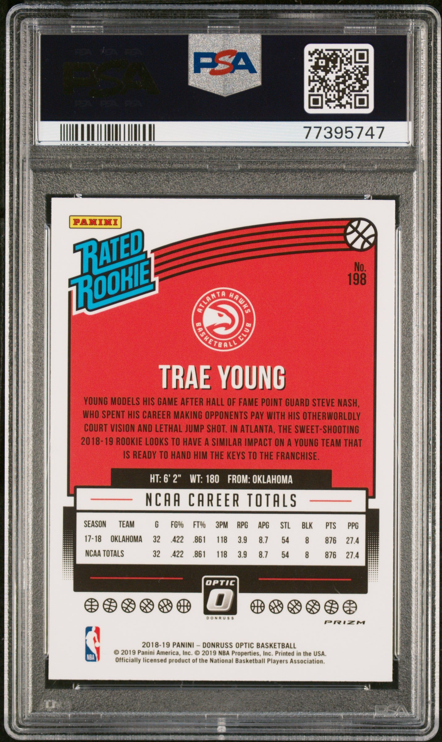 2018 Panini Donruss Optic Trae Young #198 Blue Velocity PSA 10 Hawks