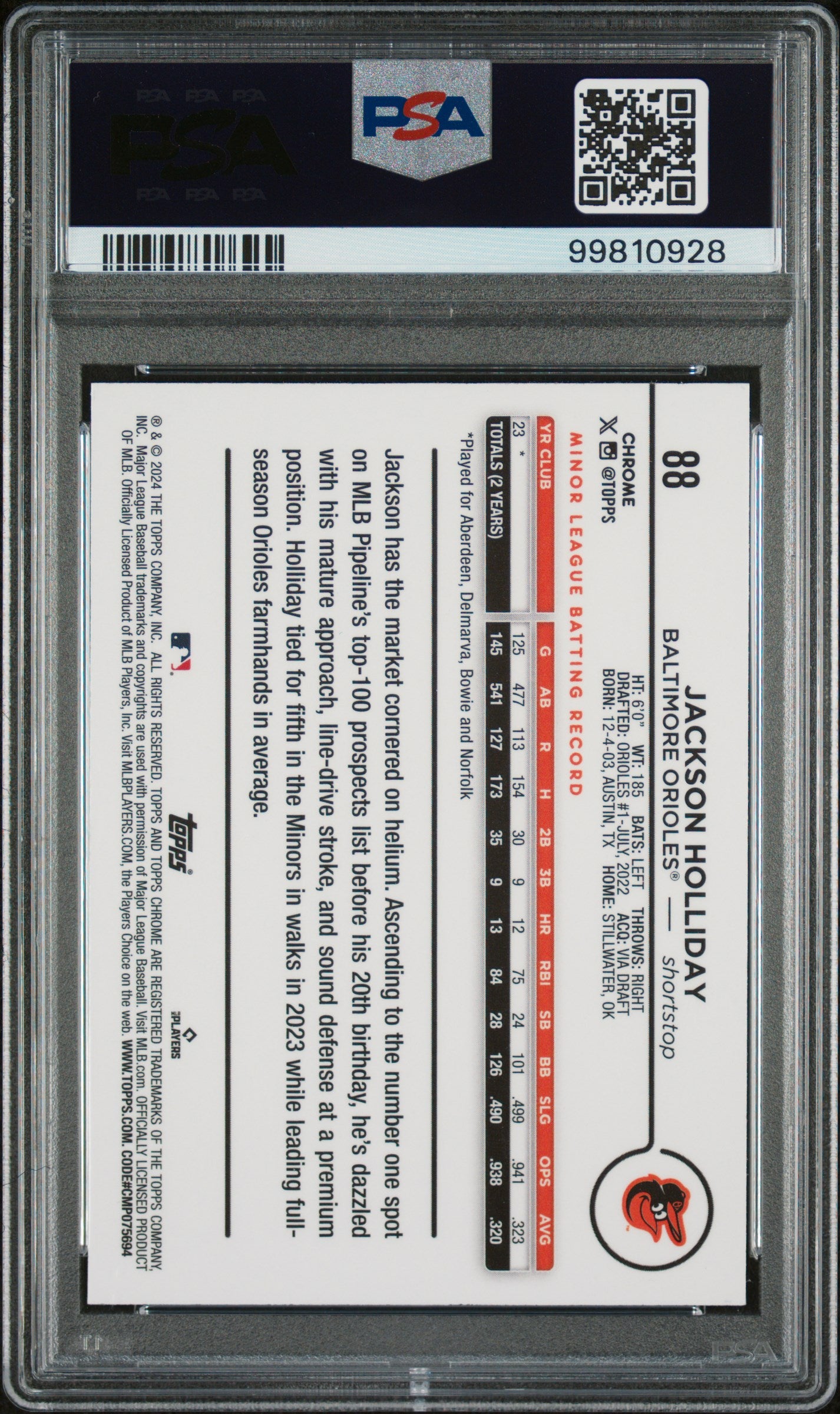 2024 Topps Chrome Jackson Holliday #88 Pink Refractor PSA 10 Orioles