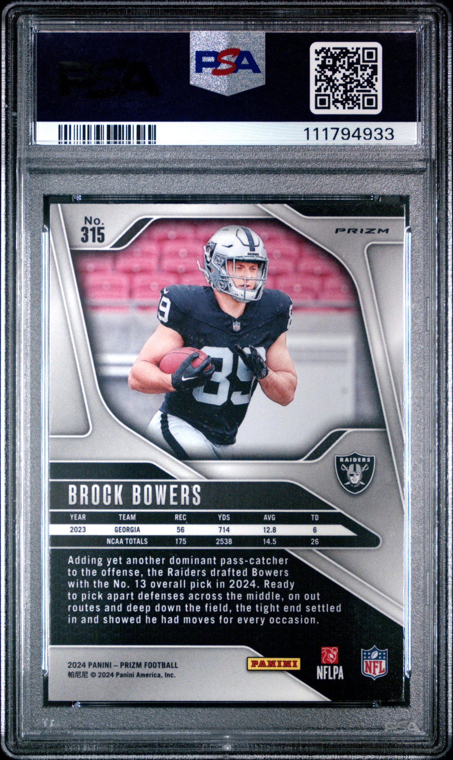 2024 Panini Prizm Brock Bowers #315 Disco Prizm PSA 10 Raiders