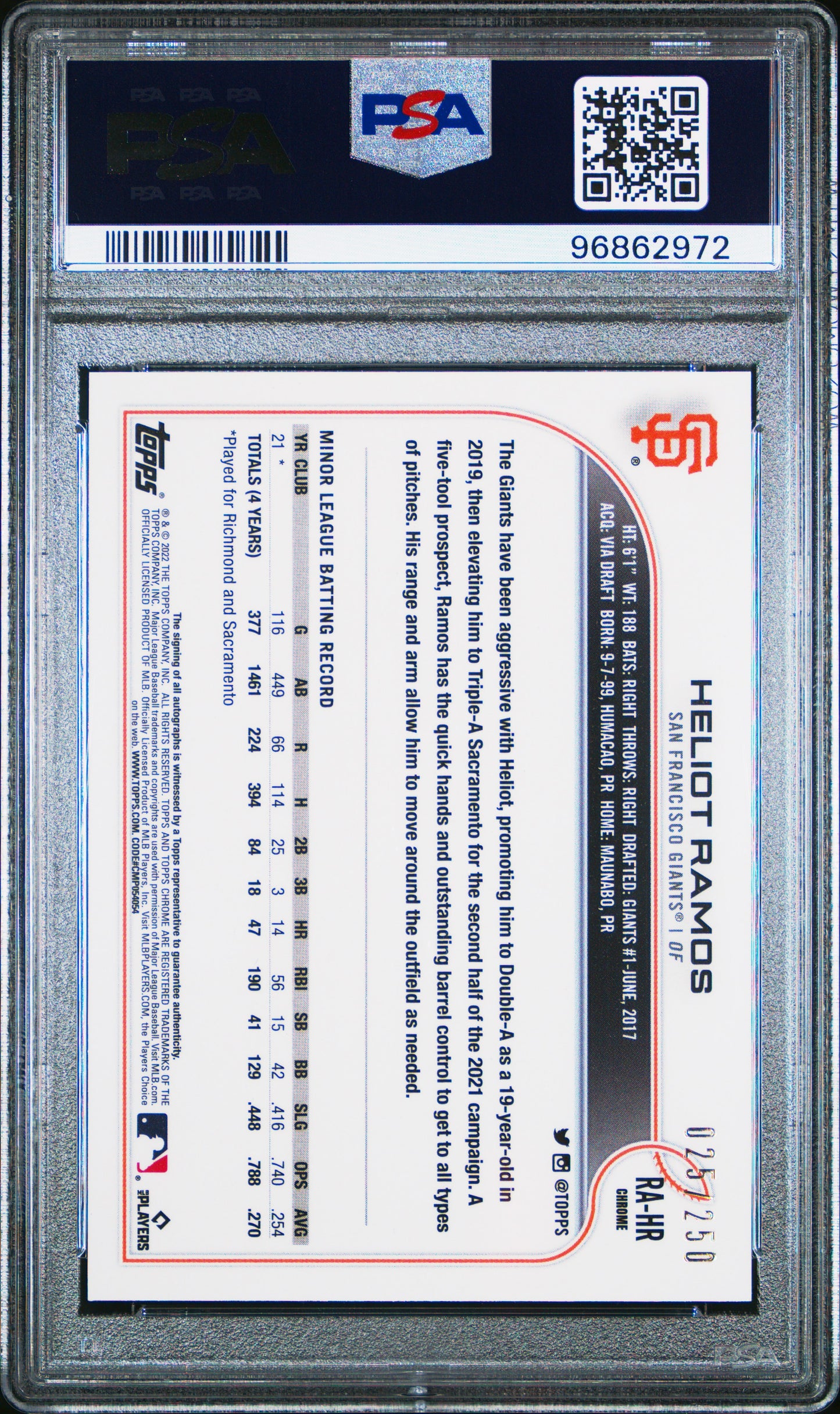 2022 Topps Chrome Heliot Ramos RC #RAHR - Auto Purple /250 PSA 9 Giants