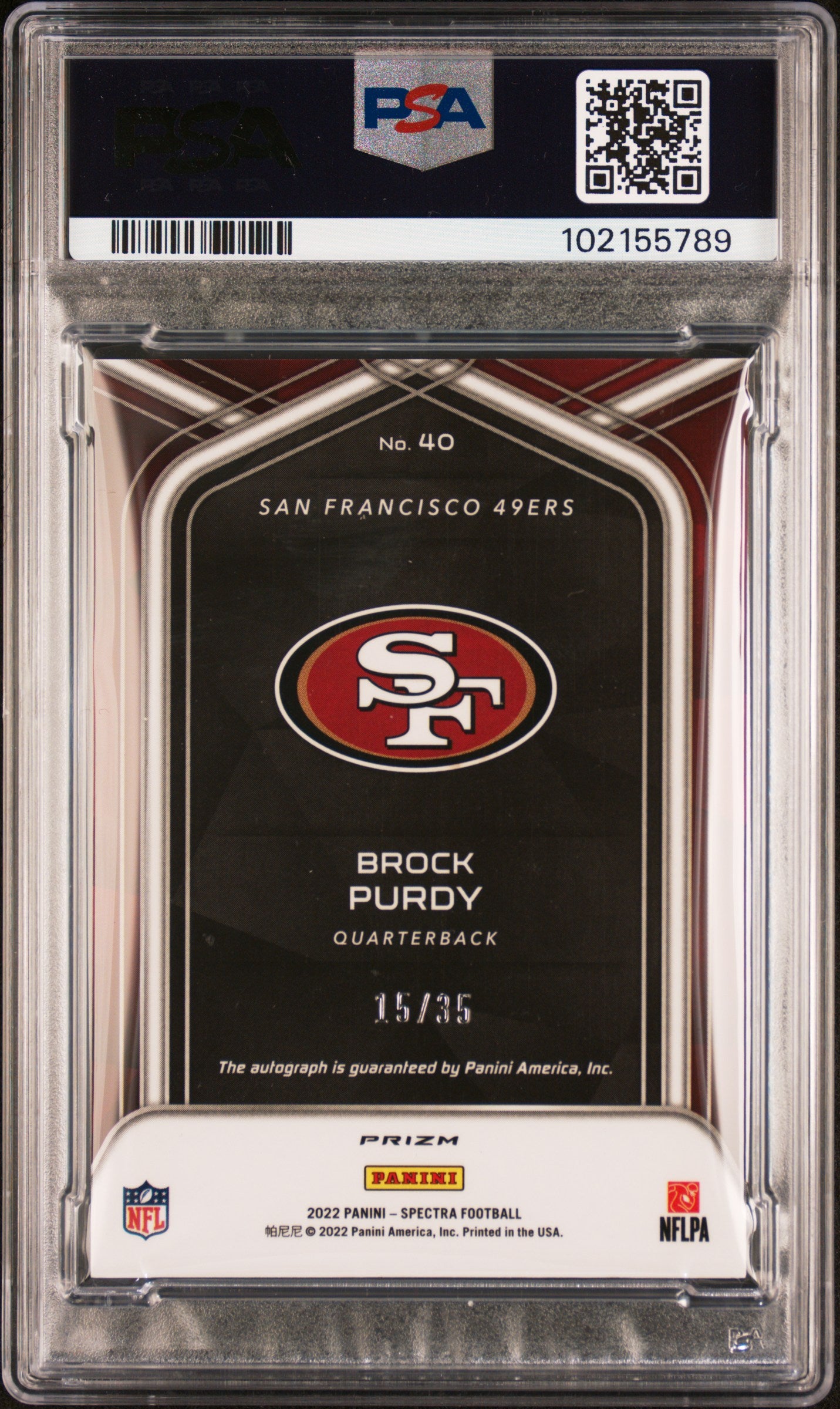 2022 Panini Spectra Rookie Autographs Brock Purdy #40 Neon Green PSA 8