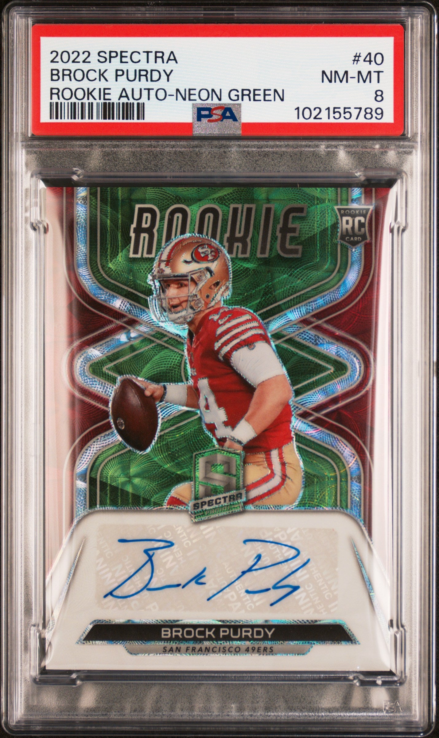 2022 Panini Spectra Rookie Autographs Brock Purdy #40 Neon Green PSA 8