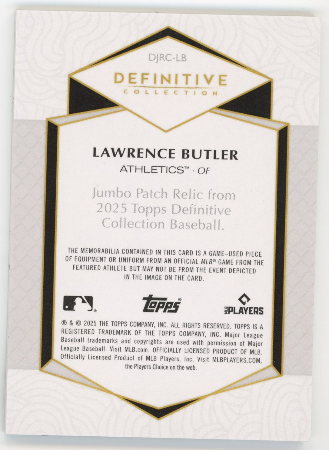 2025 Topps Definitive Collection Lawrence Butler #DJRC-LB - Relic #/50 A's