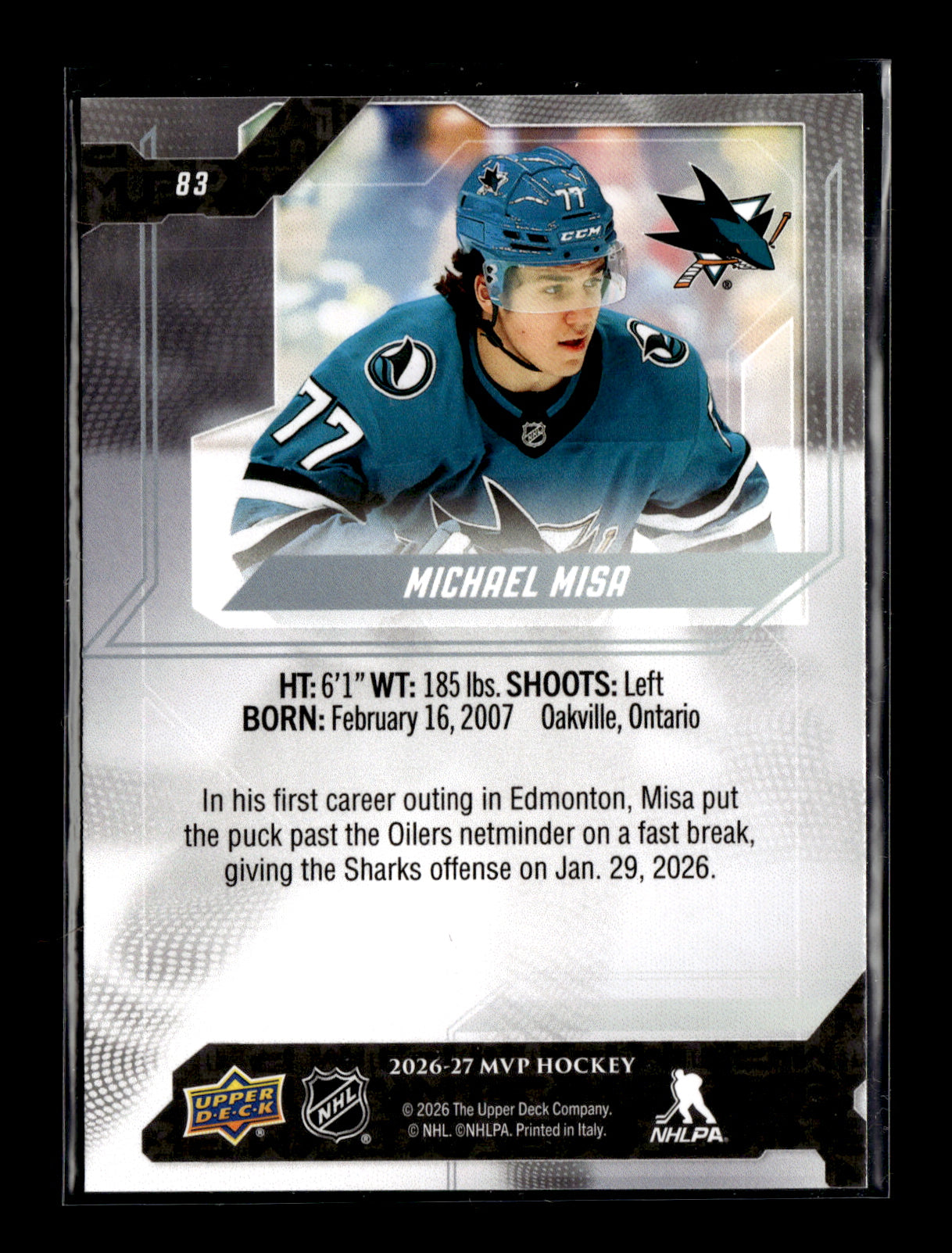 2026-27 Upper Deck MVP Michael Misa #83 San Jose Sharks