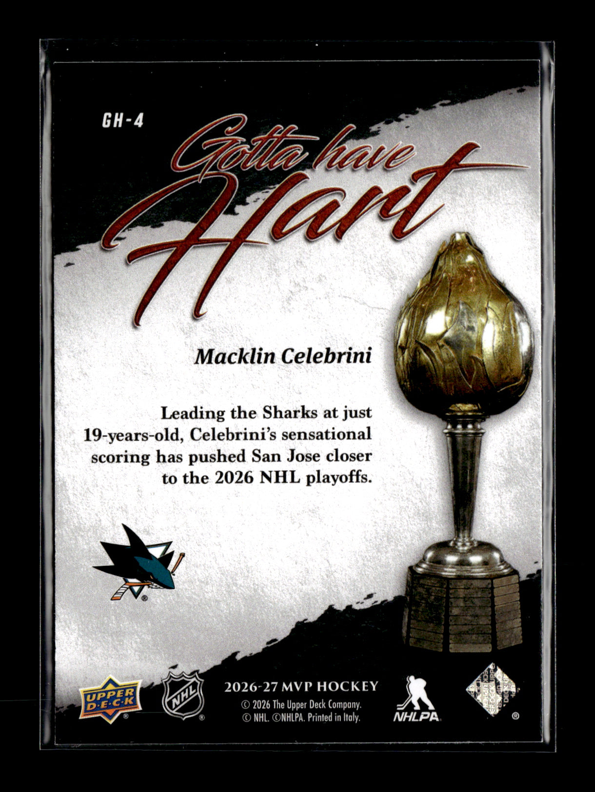 2026-27 Upper Deck MVP Macklin Celebrini #GH-4 Gotta Have Hart San Jose Sharks