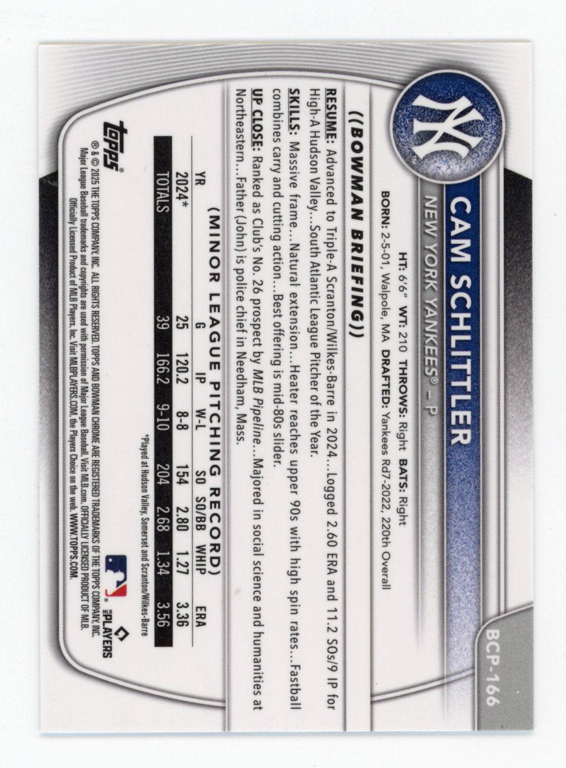 2025 Bowman Chrome Cam Schlittler #BCP-166 Prospects Mojo New York Yankees