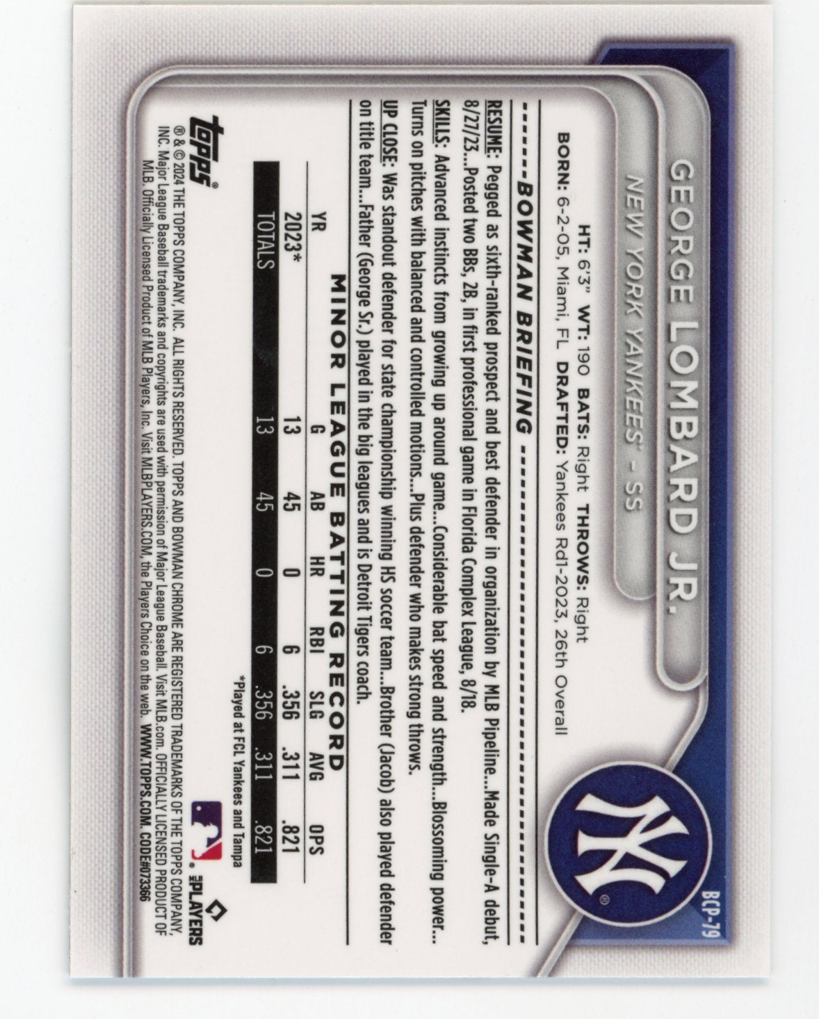 2024 Bowman George Lombard Jr. #BCP-79 Chrome Prospects Mojo Refractors Yankees