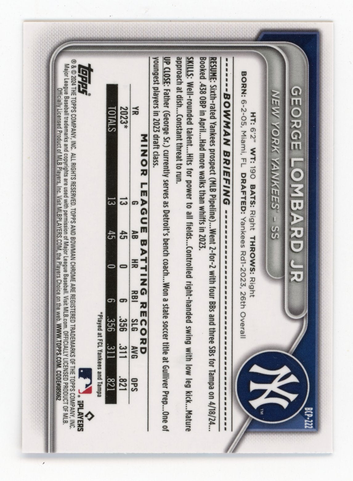 2024 Bowman Chrome Sapphire George Lombard Jr. #BCP-222 Orange #/25 Yankees