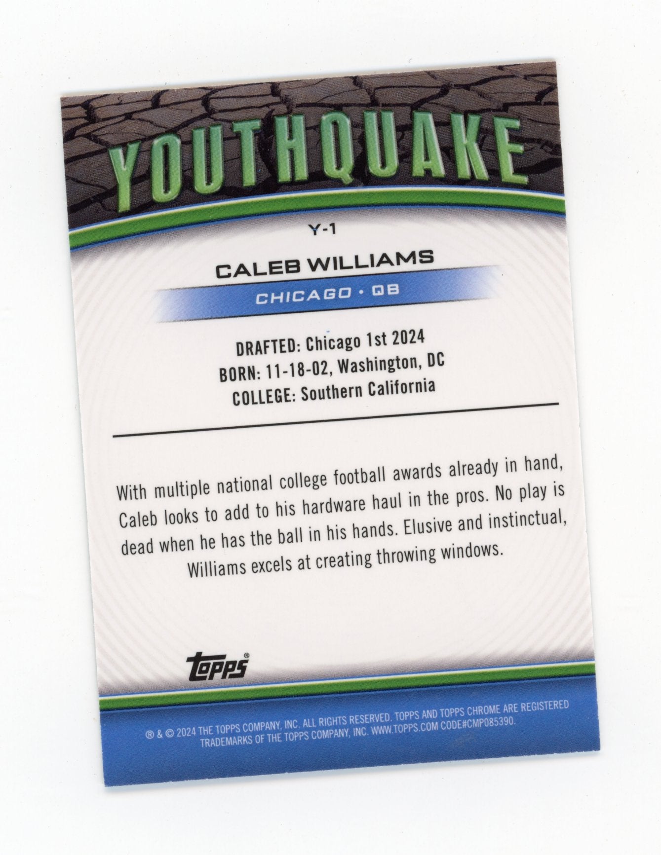 2024 Topps Chrome Caleb Williams #Y-1 Youthquake Pink Refractor Chicago Bears