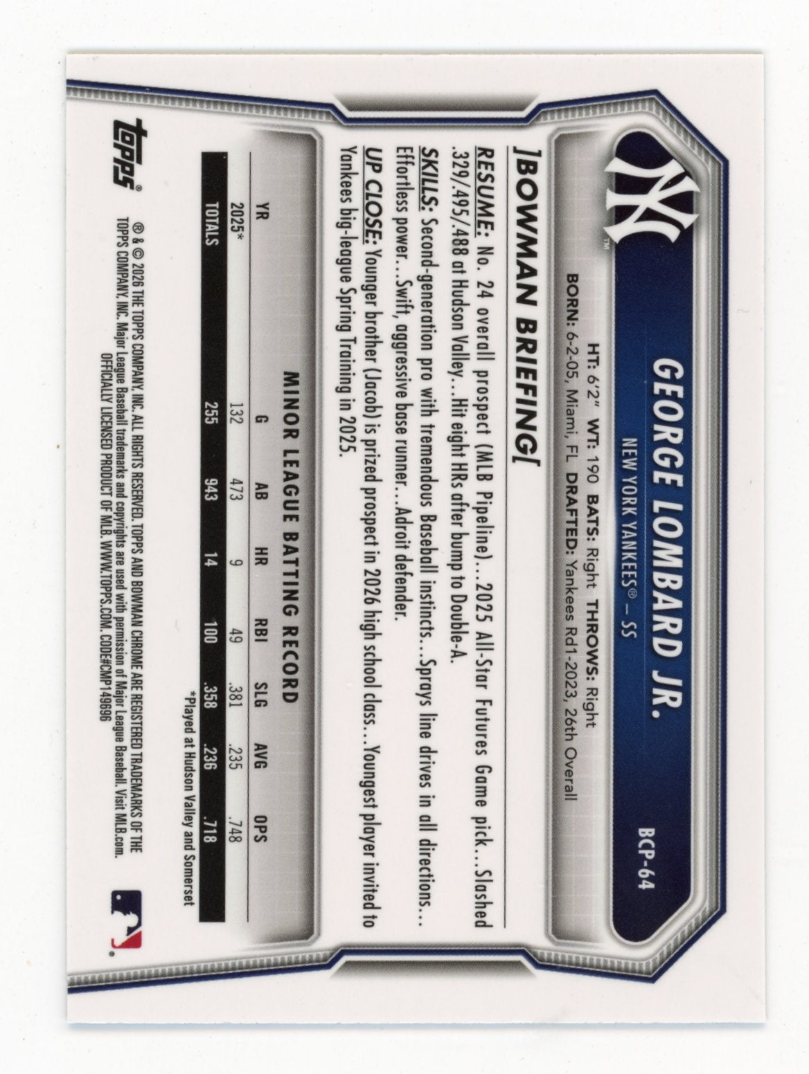 2026 Bowman George Lombard Jr. #BCP-64 Chrome Mojo Navy Refractor #/175 Yankees