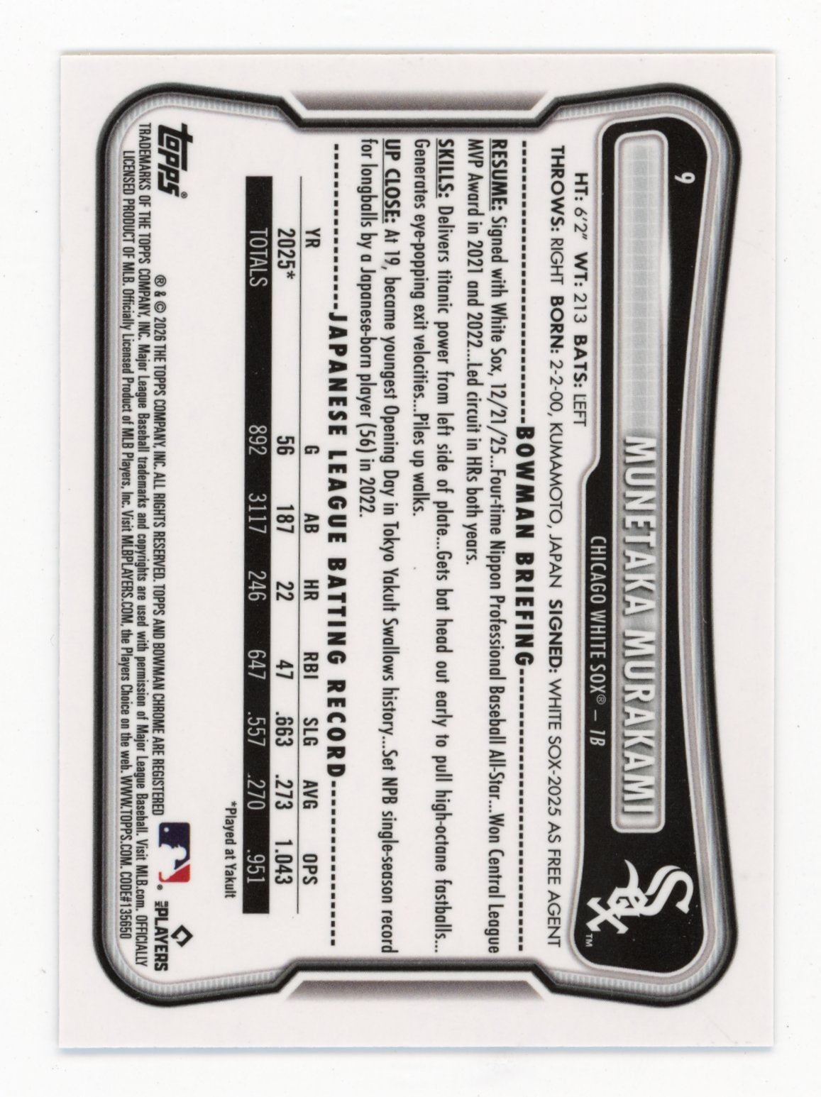 2026 Bowman Munetaka Murakami #9 Rookie Red RC Logo Chicago White Sox