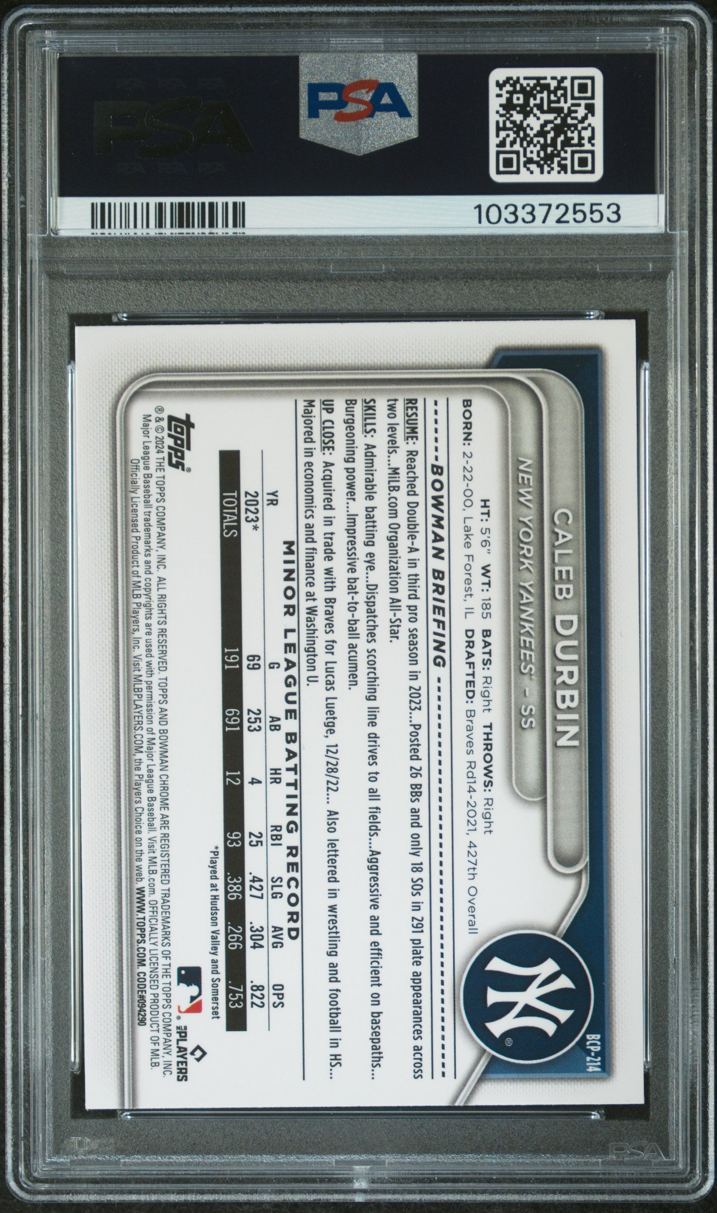 2024 Bowman Mega Box Chrome Prospects Caleb Durbin #214 Orange Ref PSA 10
