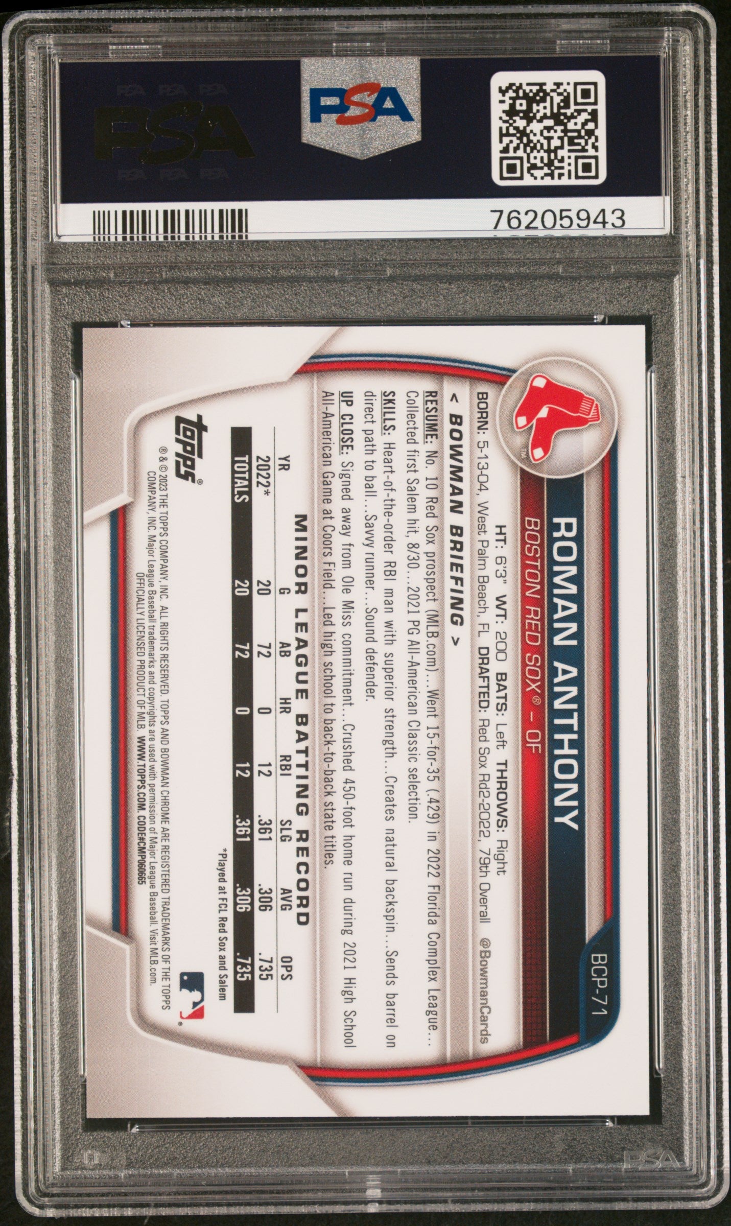 2023 Bowman Chrome Prospects Roman Anthony #BCP71 Chr Pros-Fuchsia Crater PSA 10