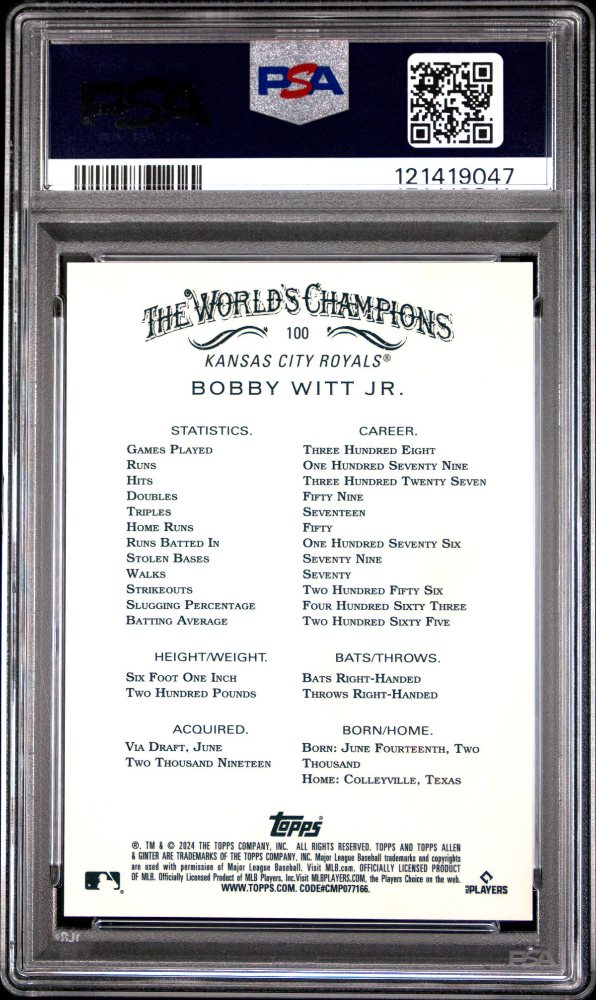 2024 Topps Allen & Ginter Bobby Witt Jr. #100 Chrome-Red Refractor PSA 8