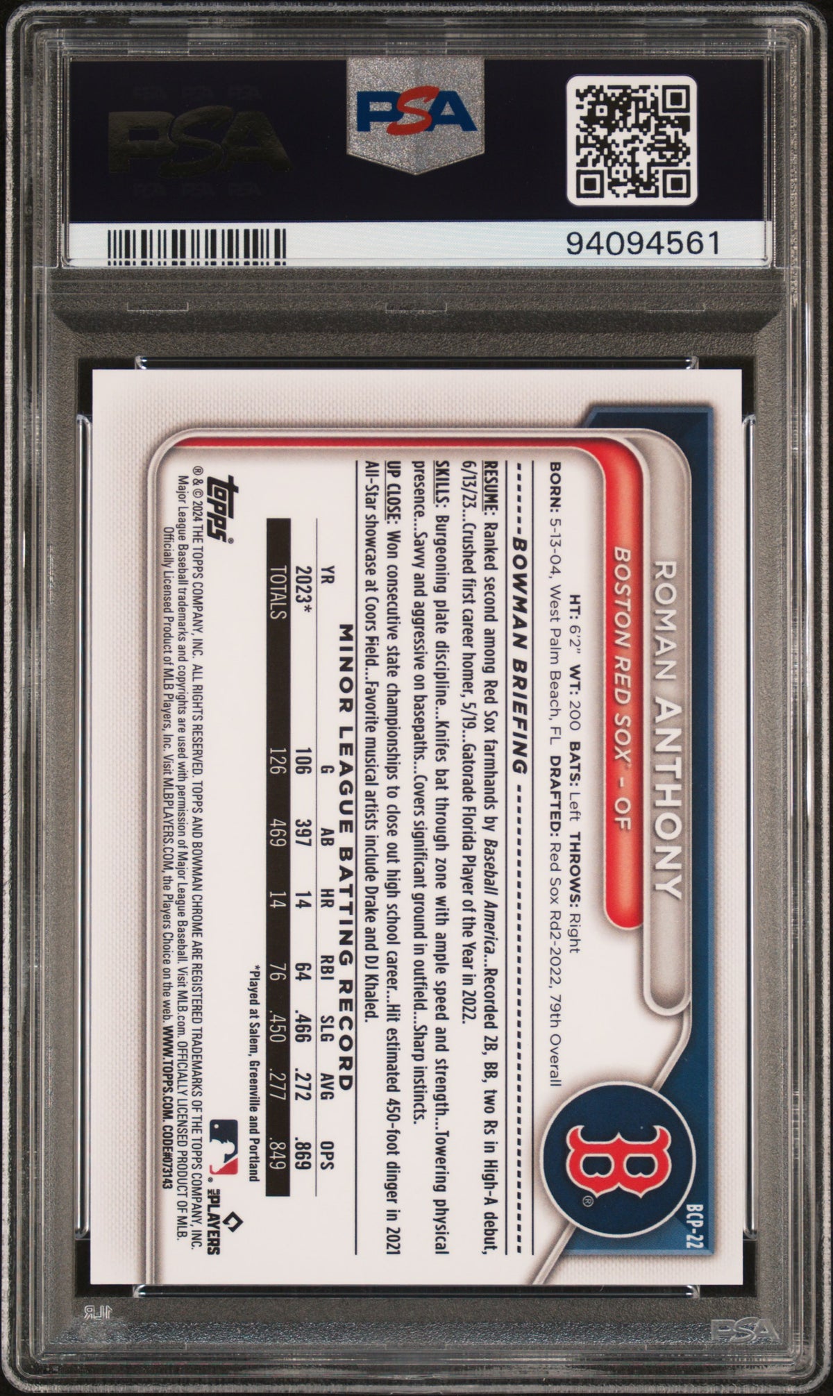 2024 Bowman Sapphire Prospects Roman Anthony Chrome Prospect Orange PSA 10