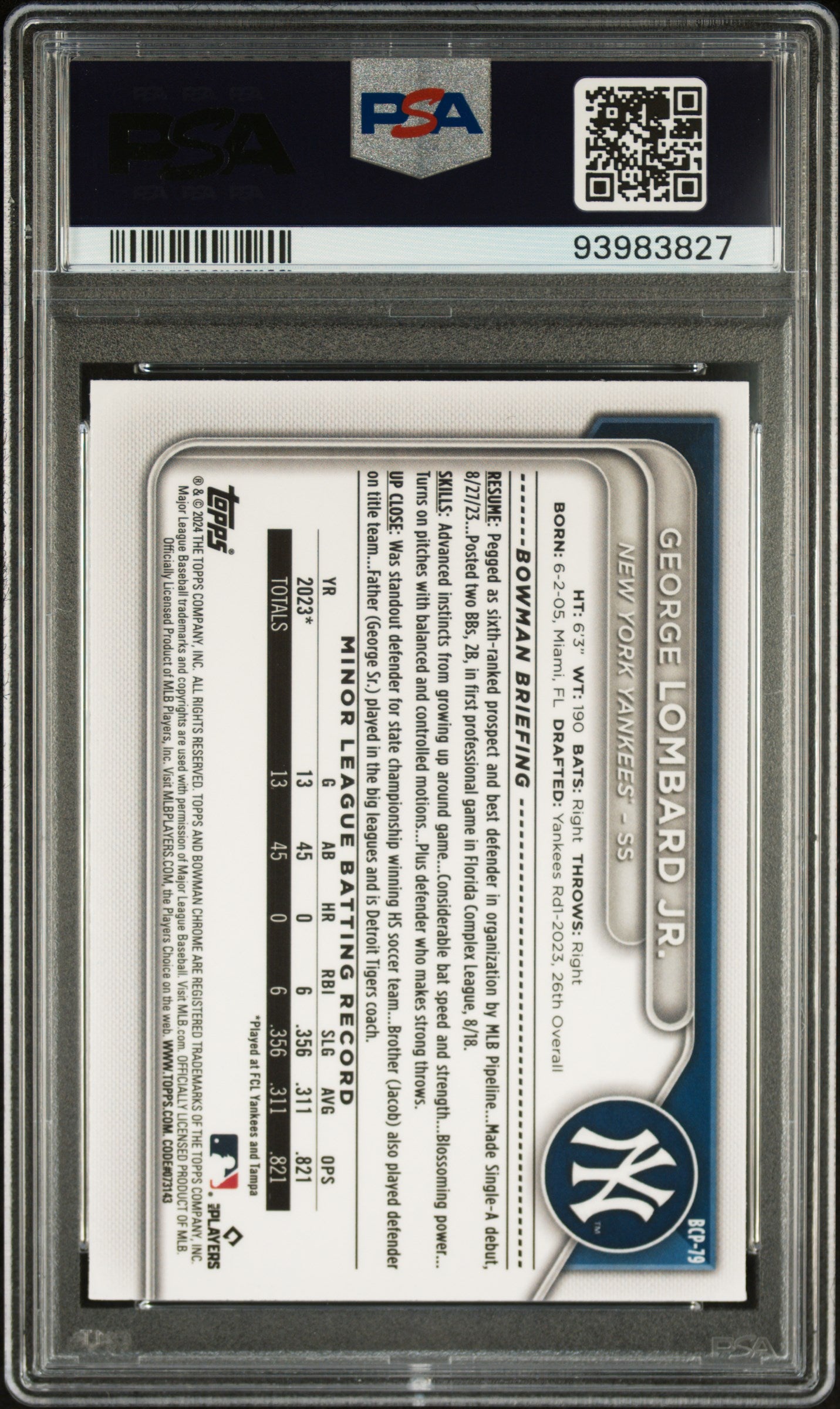 2024 Bowman Chrome Prospects George Lombard Jr. Chr Prospects-Prp Raywave PSA 10