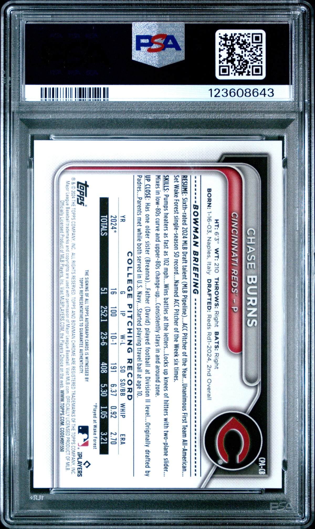 2024 Bowman Chrome Draft Sapphire Prospect Autographs Chase Burns PSA 10