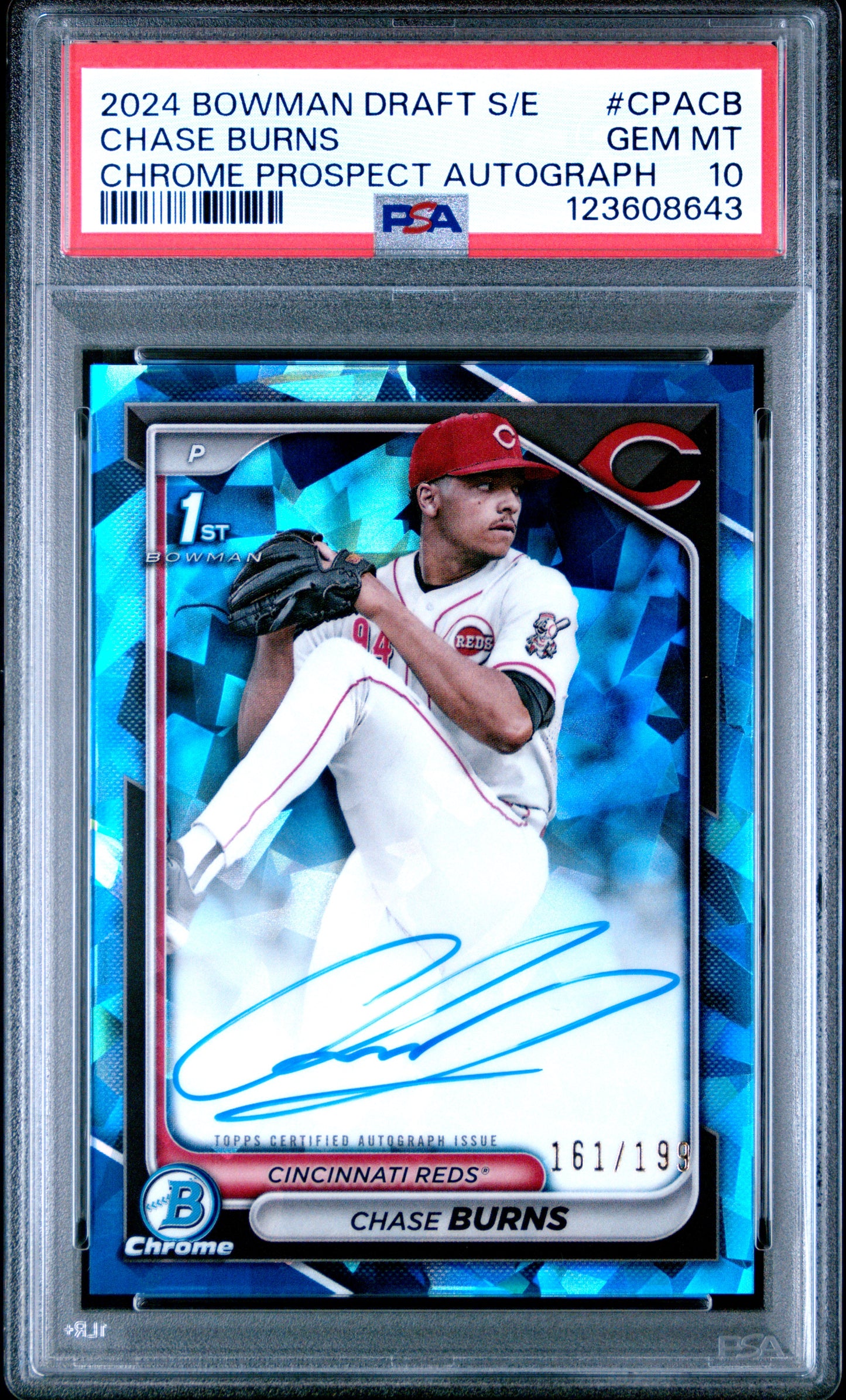2024 Bowman Chrome Draft Sapphire Prospect Autographs Chase Burns PSA 10