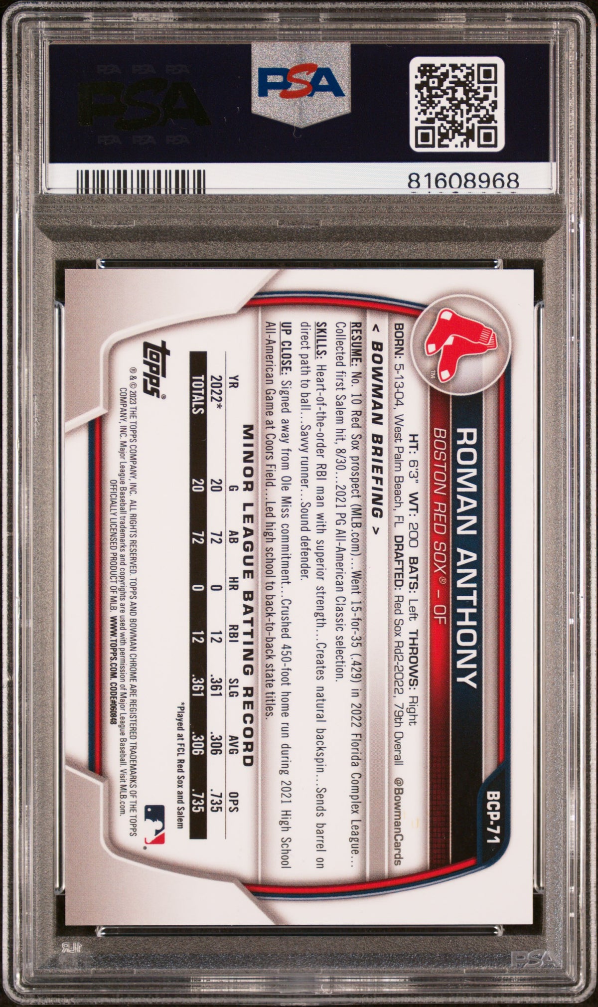 2023 Bowman Sapphire Chrome Prospects Roman Anthony Chr Prospects Green PSA 10