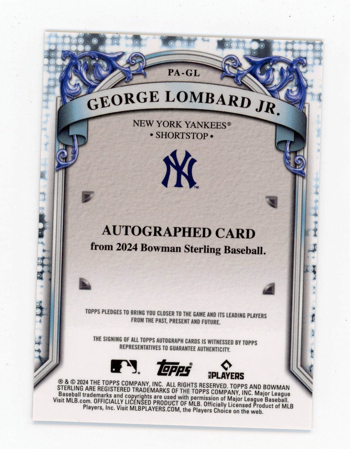 2024 Bowman Sterling George Lombard Jr. #PA-GL Autographs Orange #/75 Yankees