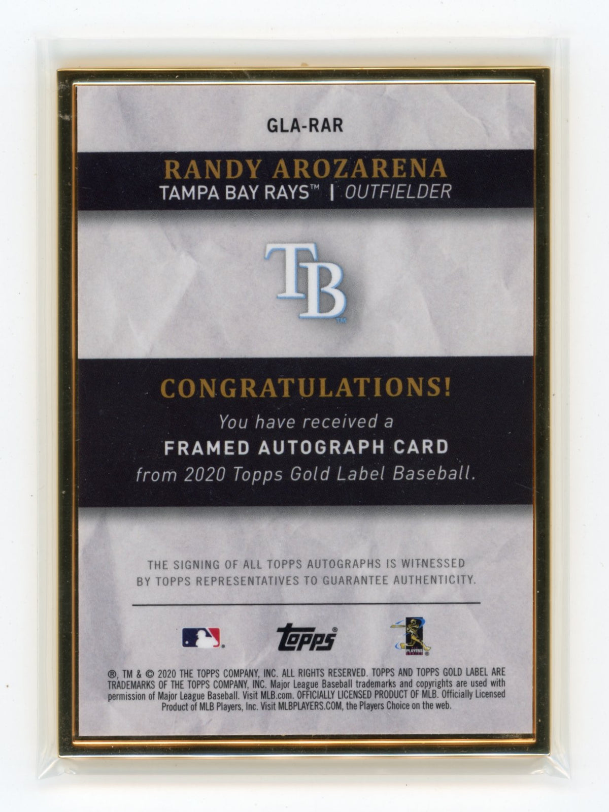 2020 Topps Gold Label Randy Arozarena #GLA-RAR Framed Autographs Tampa Bay Rays