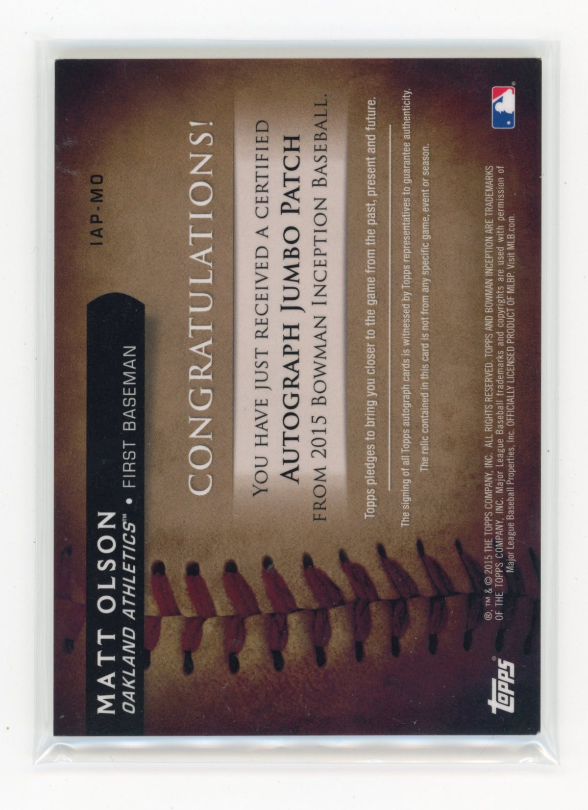 2015 Bowman Inception Matt Olson #IAP-MO Autographed Jumbo Patches /50