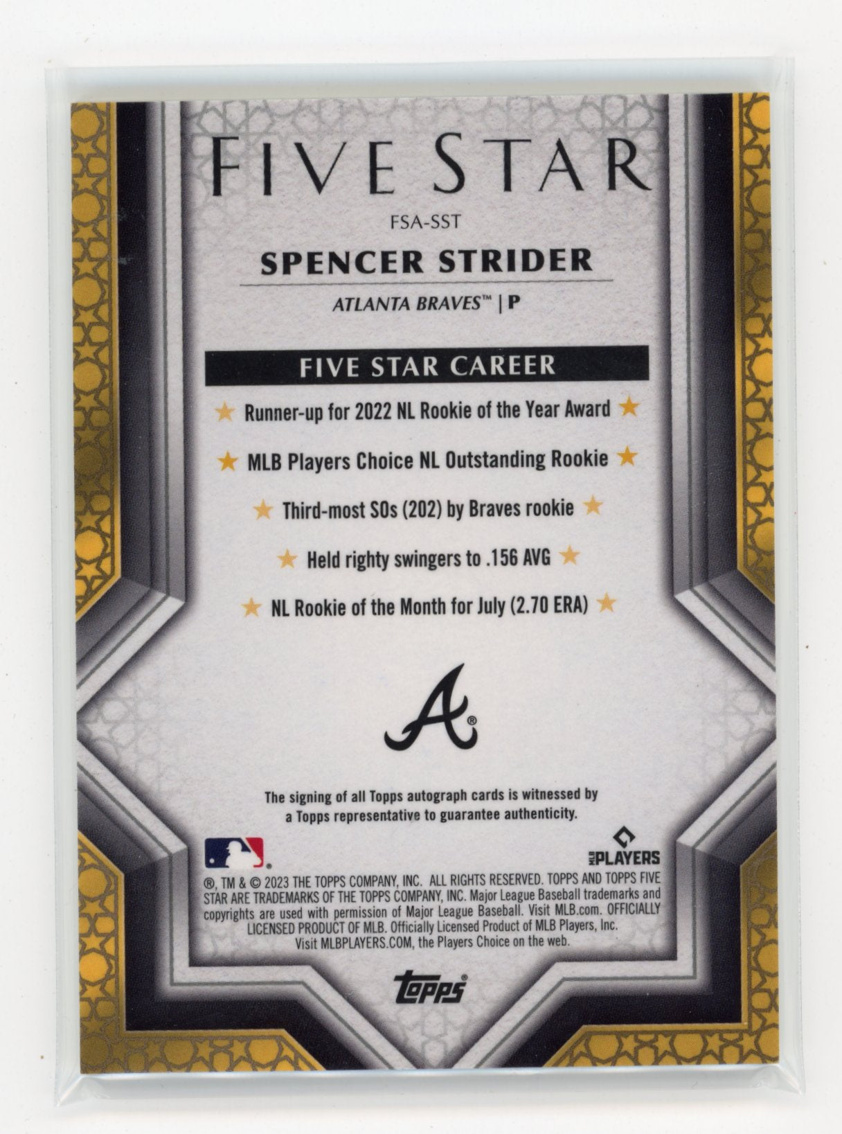 2023 Topps Five Star Spencer Strider #FSA-SST Aqua #/75 Atlanta Braves