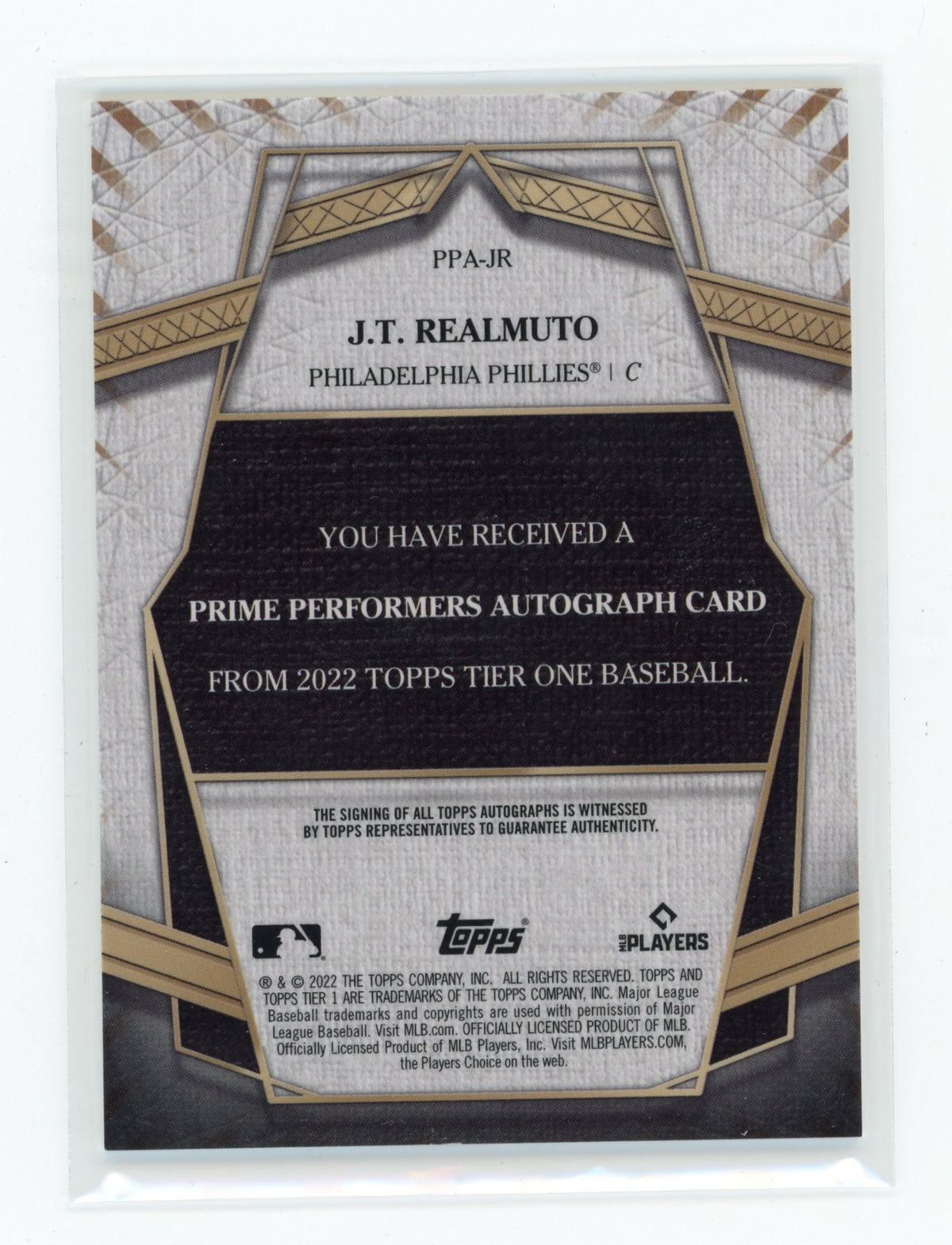 2022 Topps Tier One - Prime Performers Autographs J.T. Realmuto #PPA-JR #/299