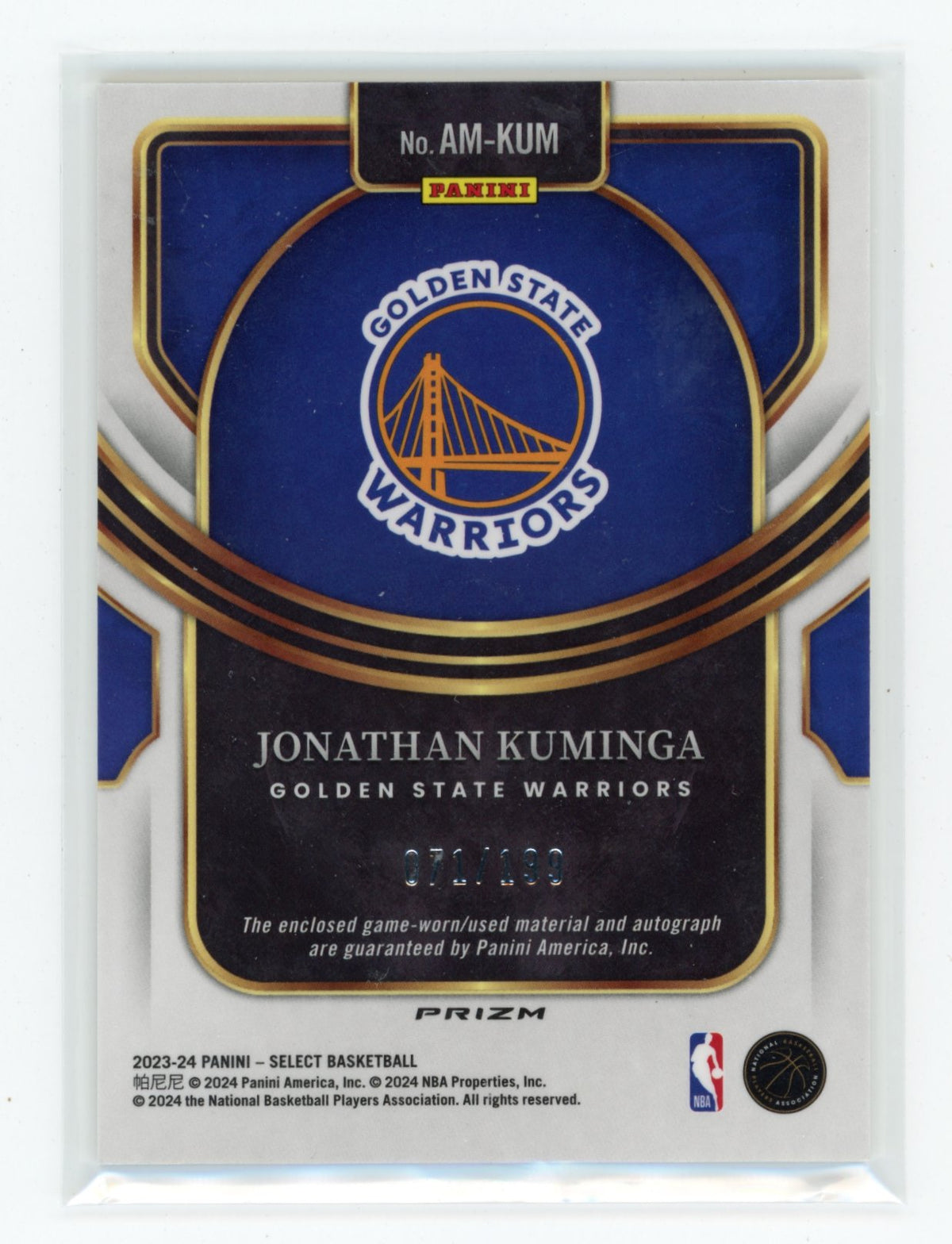 2023-24 Panini Select Jonathan Kuminga #AM-KUM Autographed Memorabilia #/199
