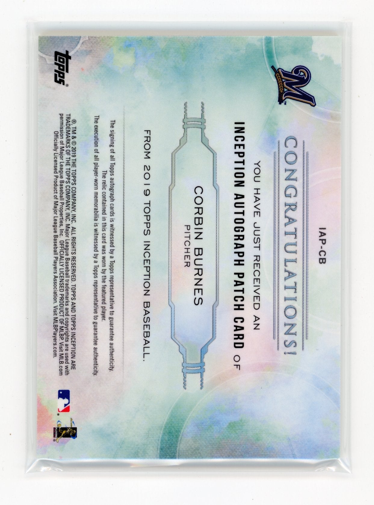 2019 Topps Inception Corbin Burnes #IAP-CB Inception Autograph Patch #/199