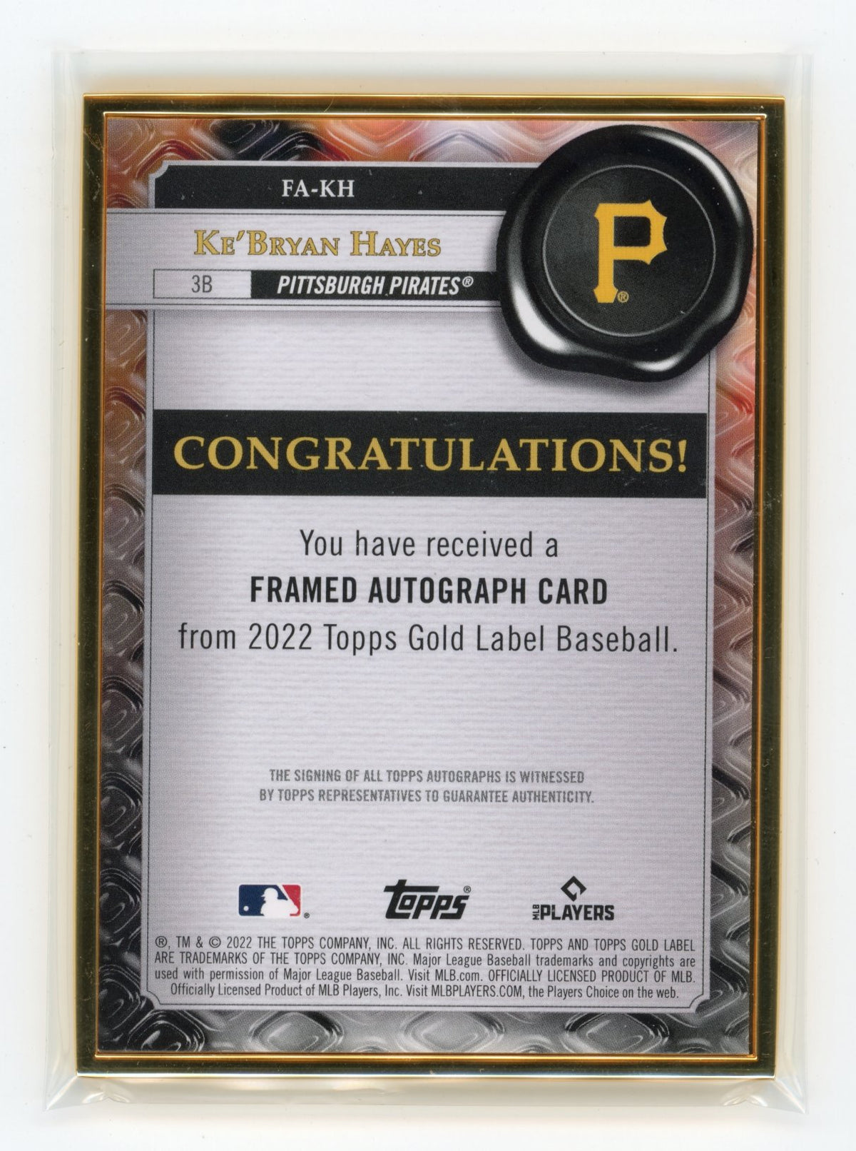 2021 Topps Gold Label Ke'Bryan Hayes #FA-KH Framed Autographs Gold #/1