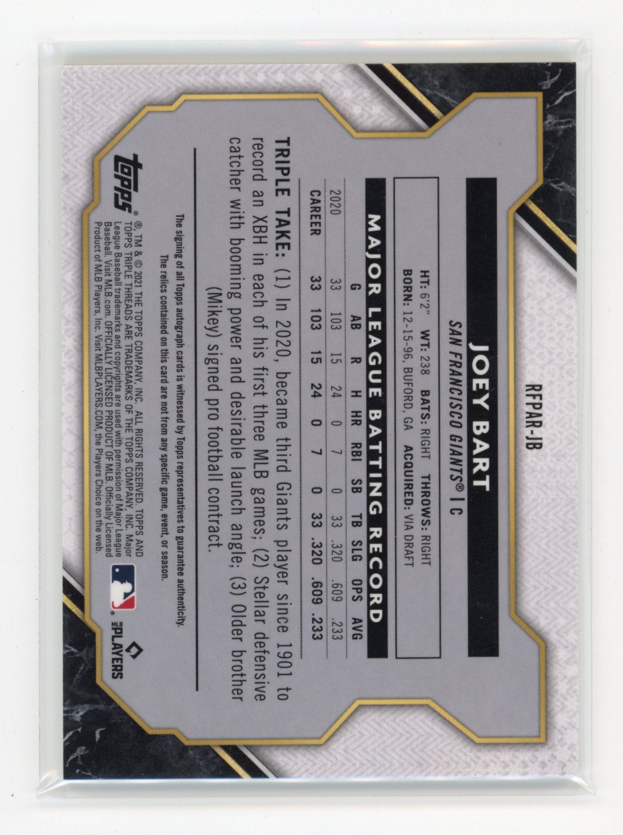 2021 Topps Triple Threads Joey Bart #RFPAR-JB Rookie & Future Phenoms /25