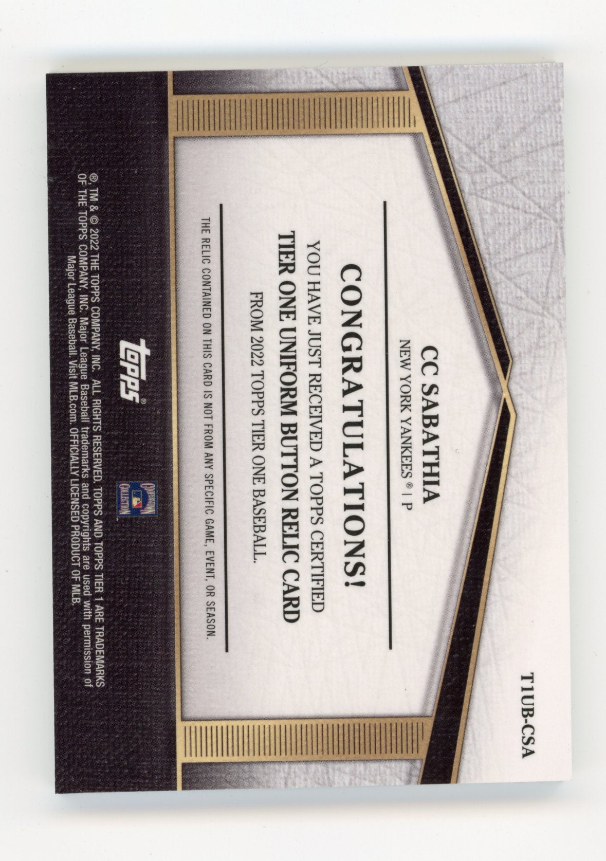 2022 Topps Tier One - Tier One Uniform Button Relics CC Sabathia #T1UB-CSA #/5
