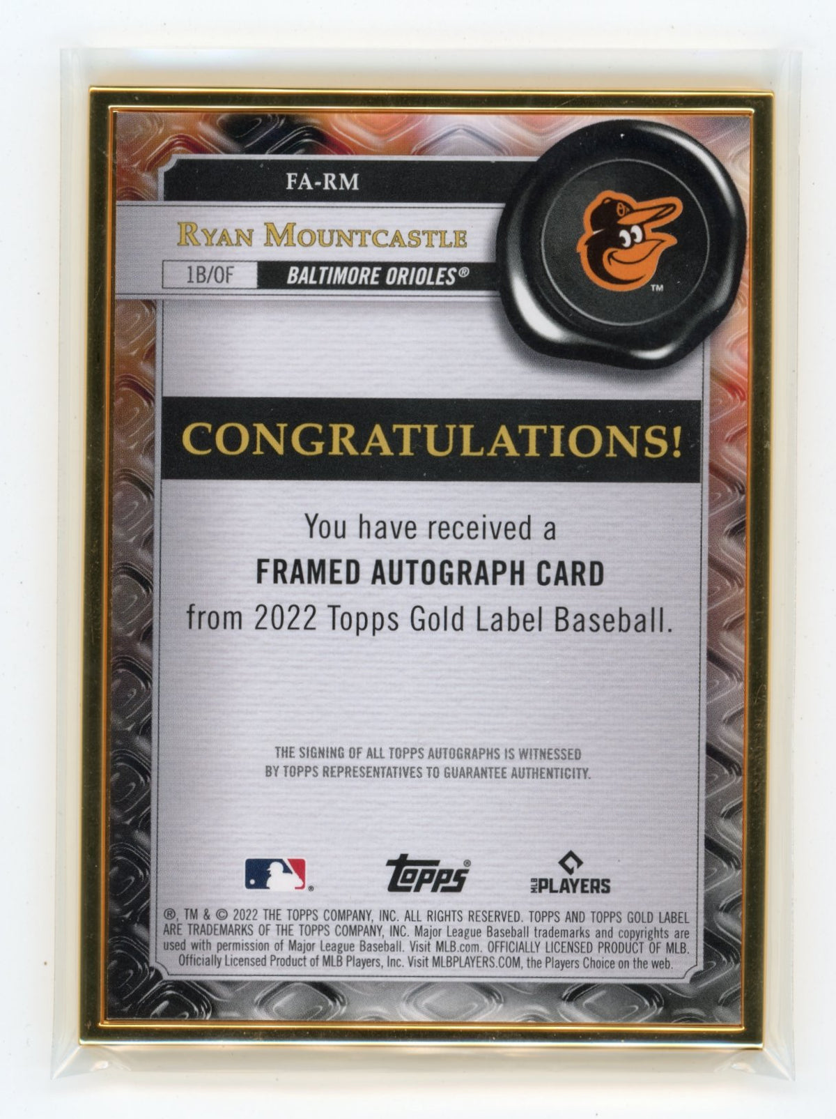 2022 Topps Gold Label Ryan Mountcastle #FA-RM Framed Autographs Red #/25