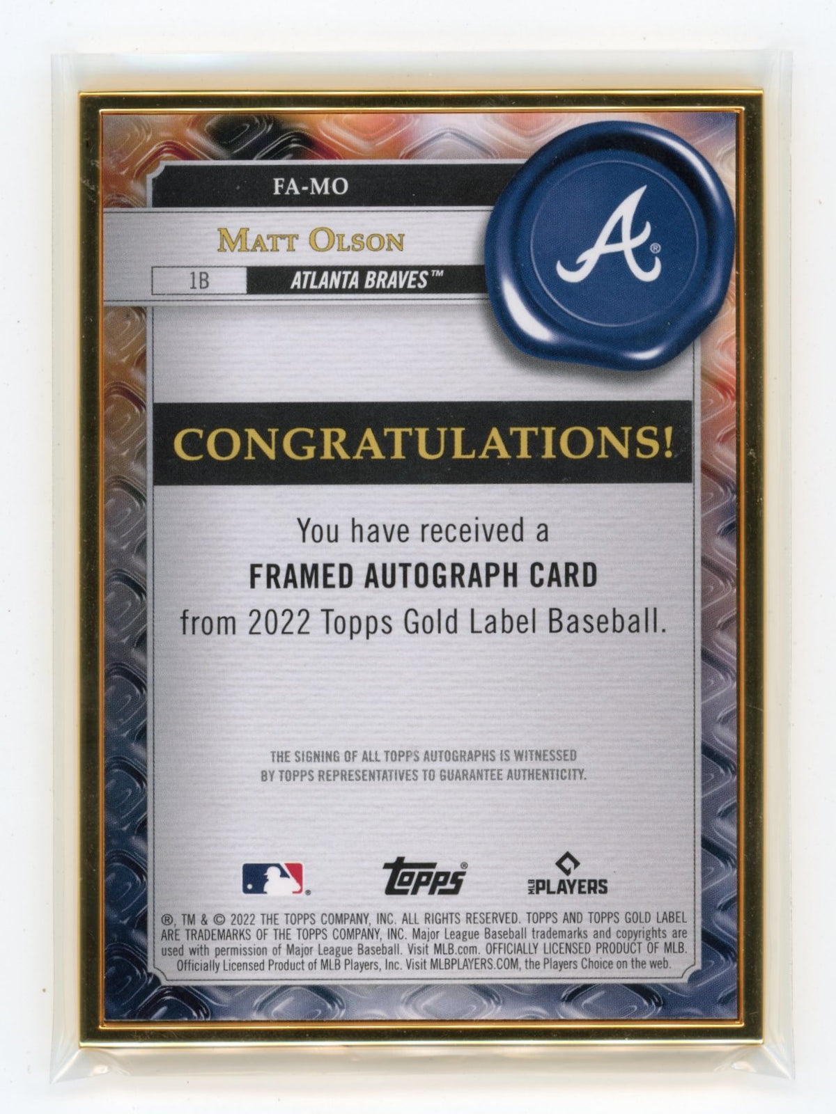 2022 Topps Gold Label Matt Olson #FA-MO Framed Autographs Atlanta Braves