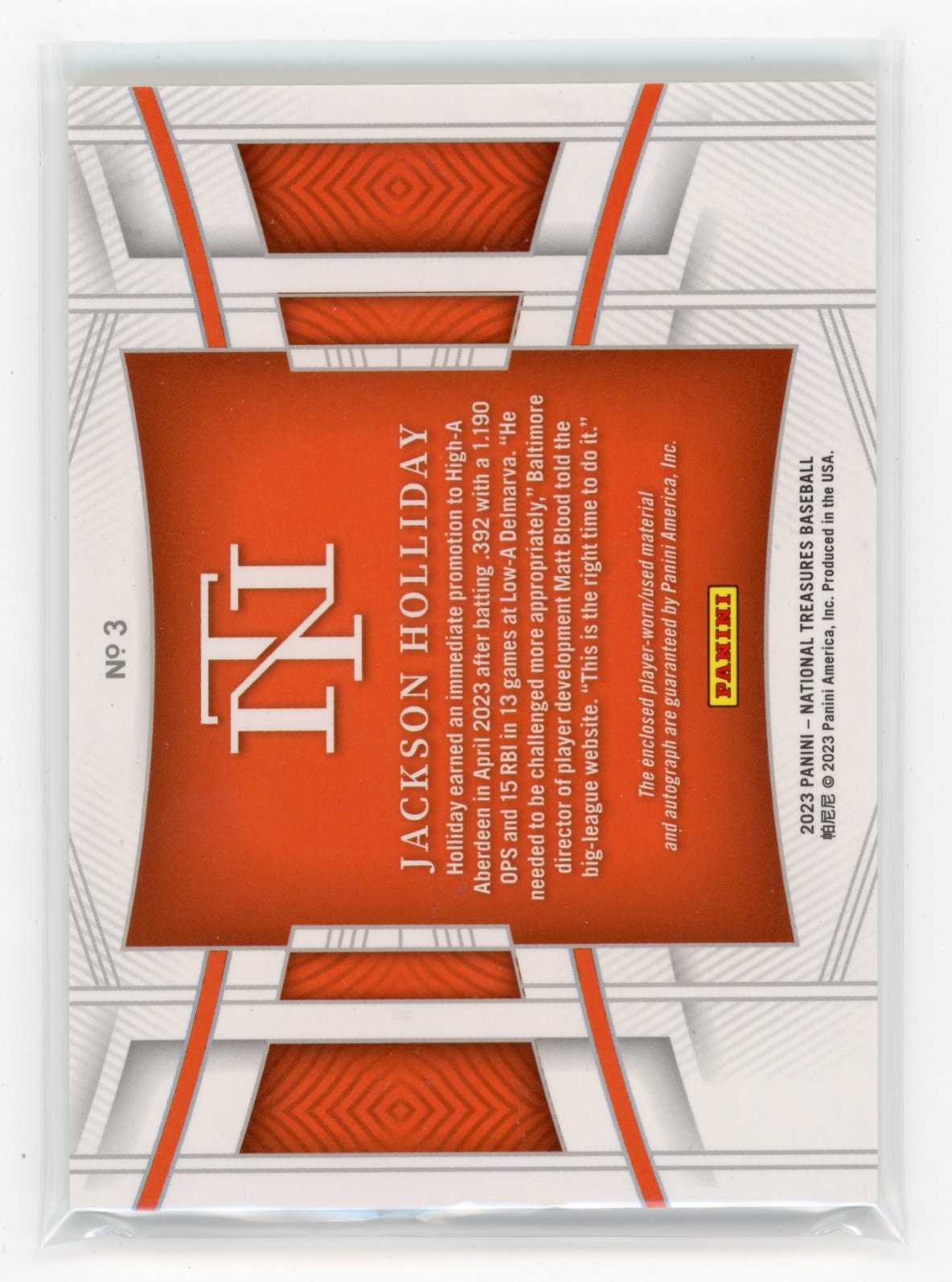 2023 Panini National Treasures Jackson Holliday #3 Rookie Material Signatures/99