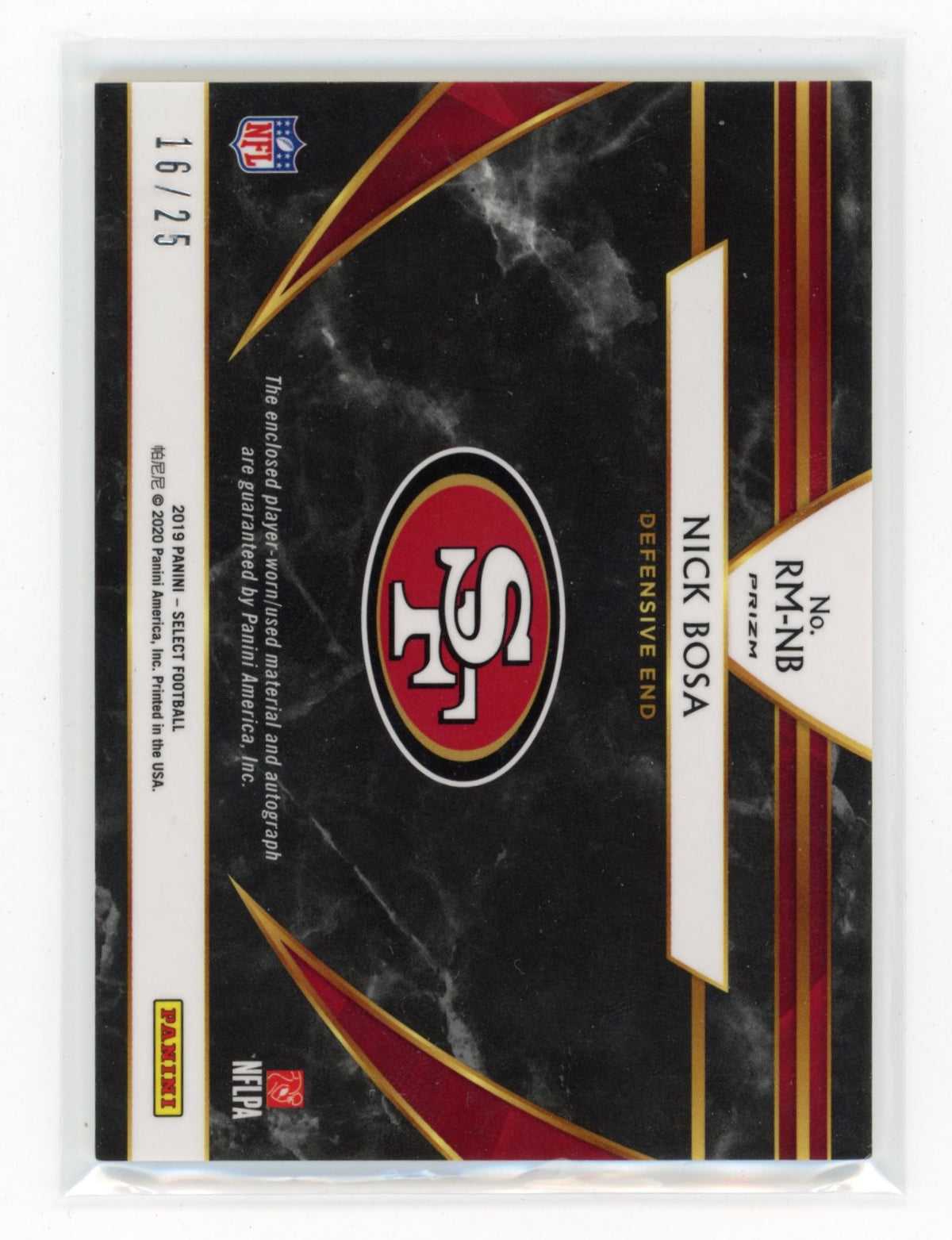 2019 Panini Select Nick Bosa #RM-NB Rookie Signature Memorabilia Purple /25