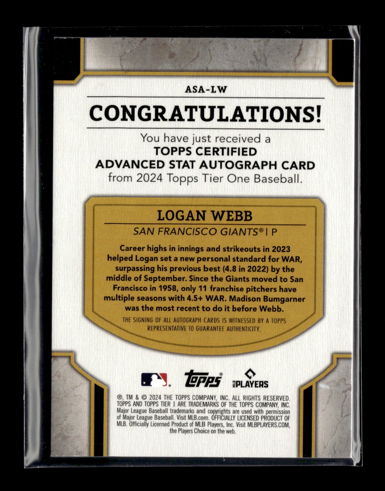 2024 Topps Tier One Logan Webb Advanced Stats Stars Autographs Blue Foil /99
