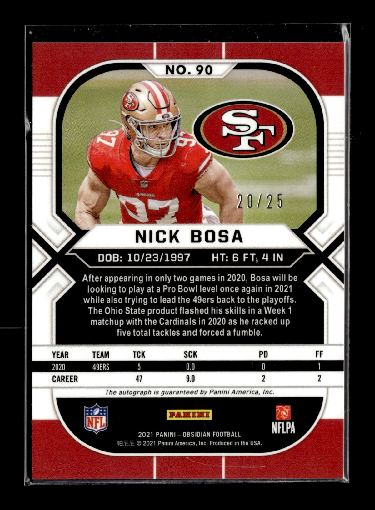 2021 Panini Obsidian Nick Bosa #90 Electric Etch Yellow #/25 San Francisco 49ers