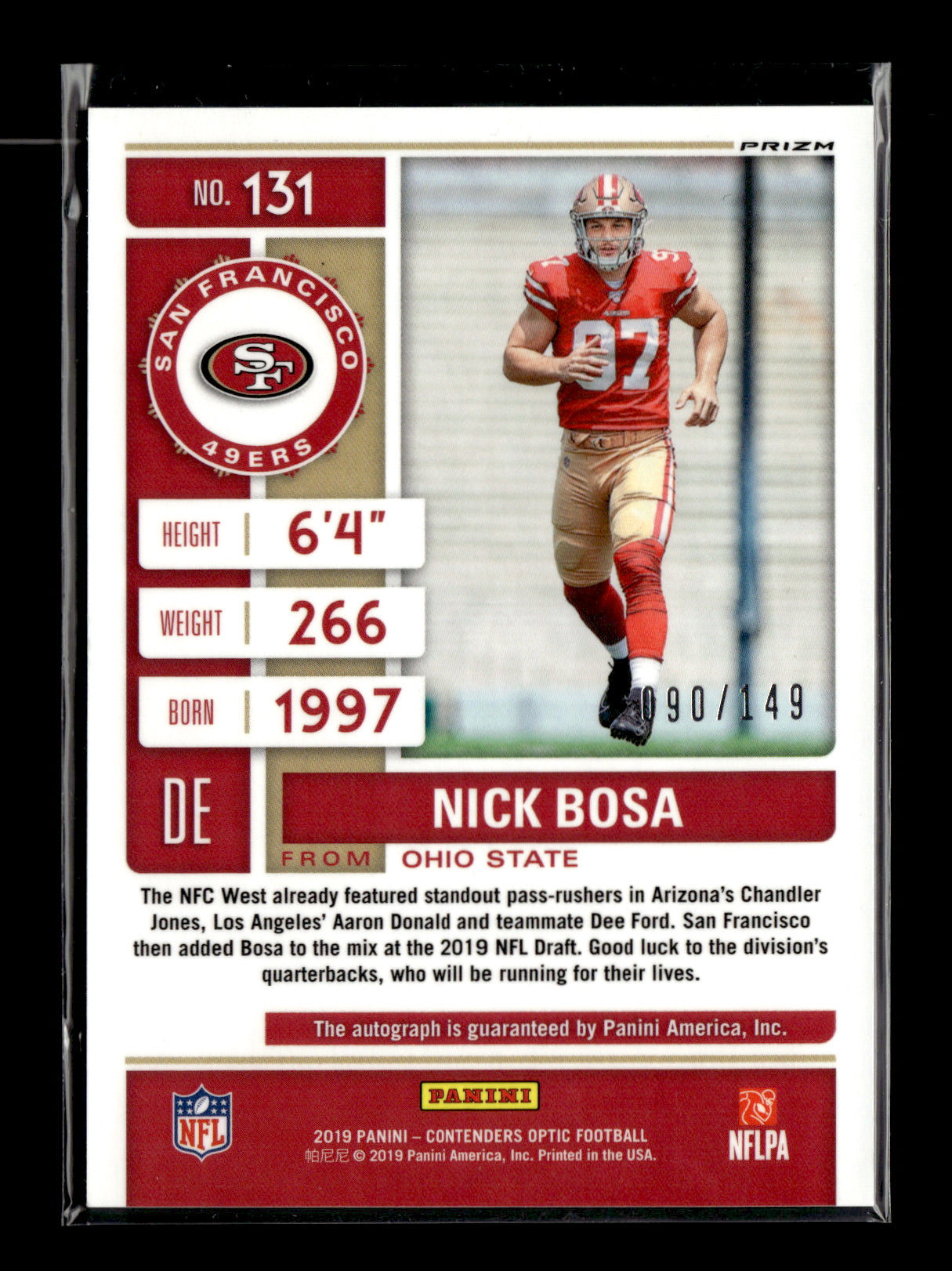2019 Panini Contenders Optic Nick Bosa #131 Teal #/149 San Francisco 49ers