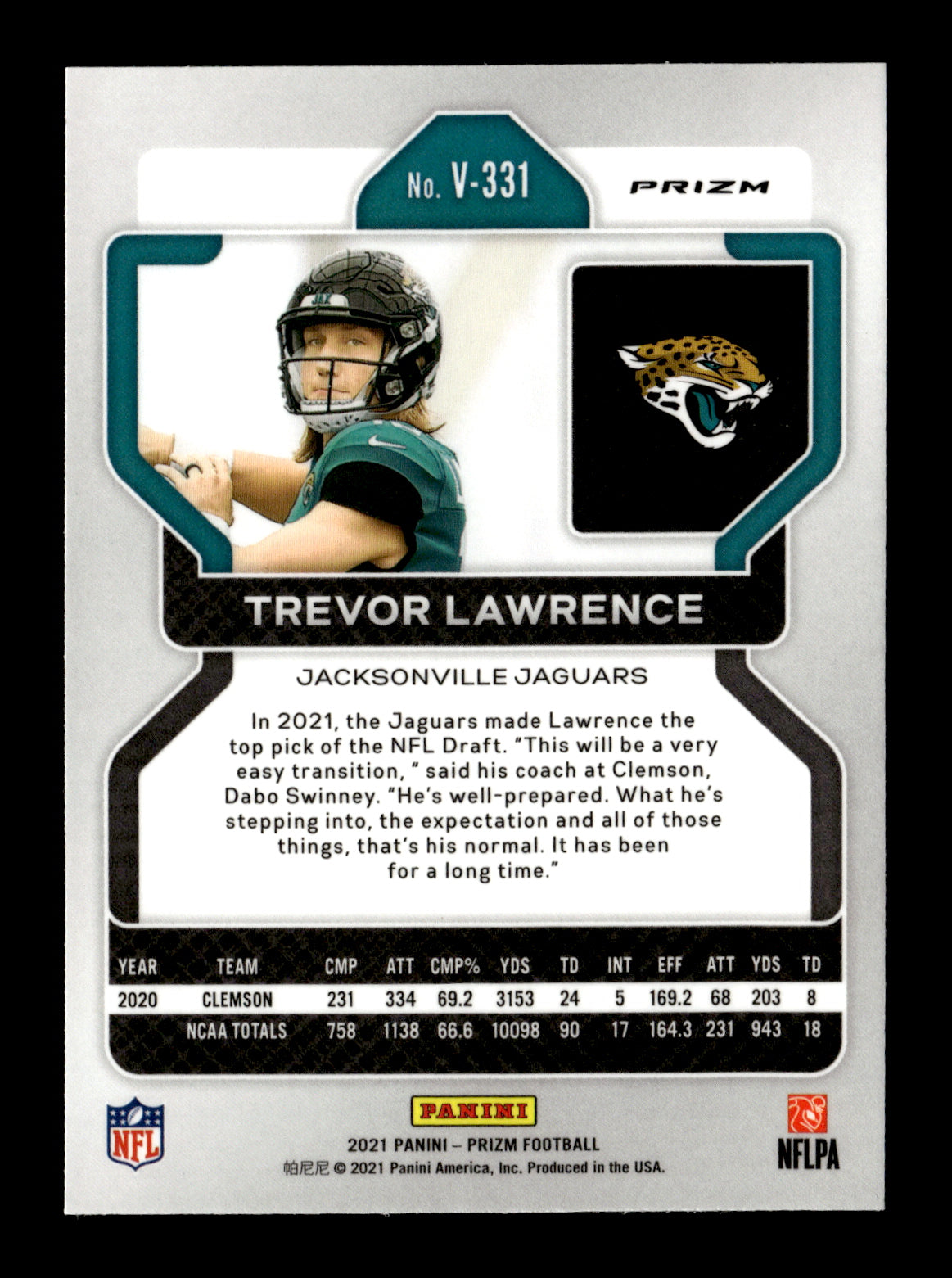 2021 Panini Prizm Trevor Lawrence #331 Silver Jacksonville Jaguars