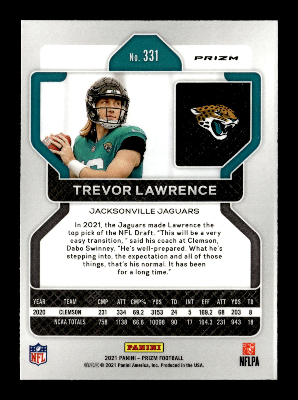 2021 Panini Prizm Trevor Lawrence #331 Lazer Jacksonville Jaguars