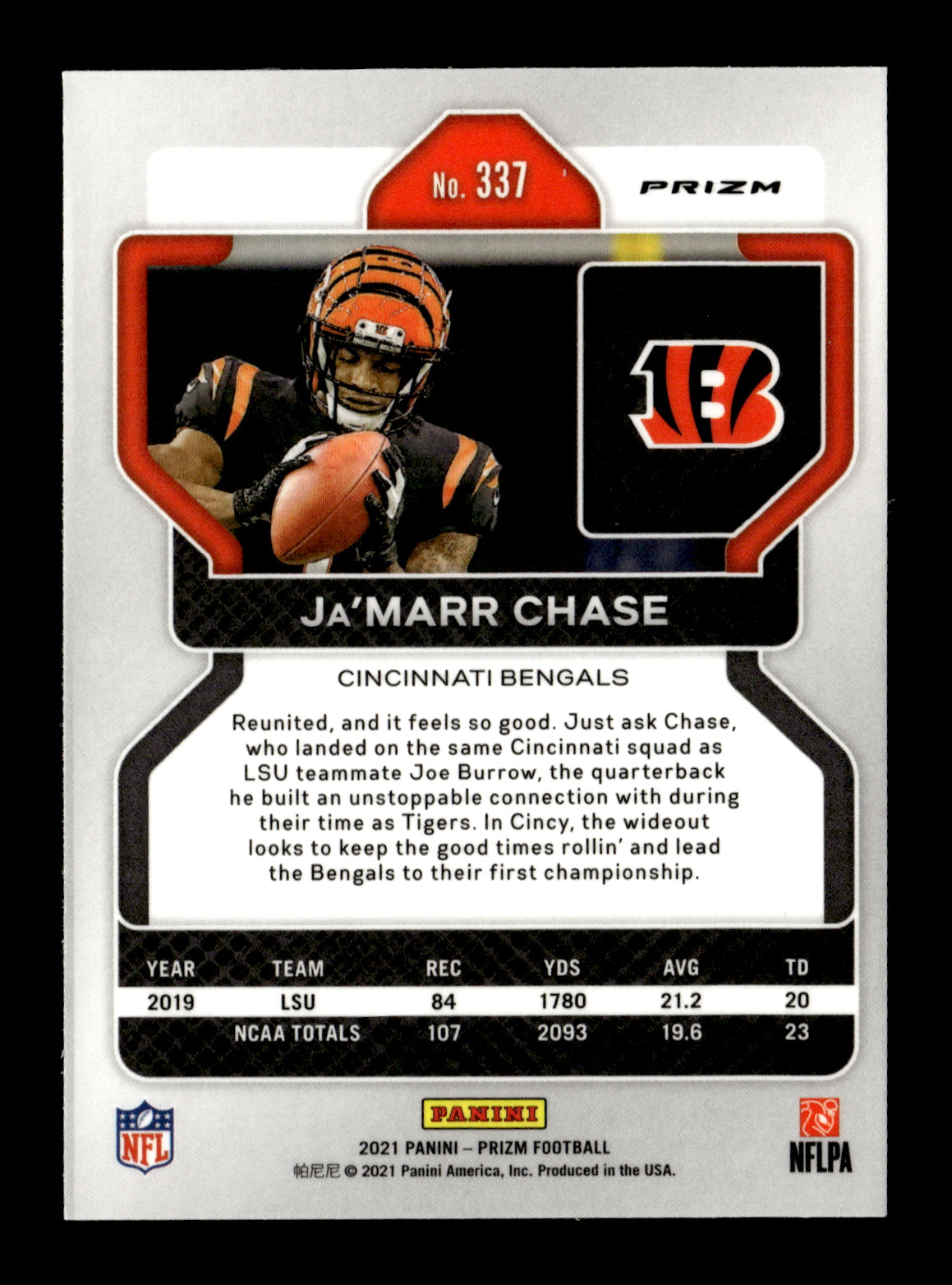 2021 Panini Prizm Ja'Marr Chase #337 Red Ice Cincinnati Bengals