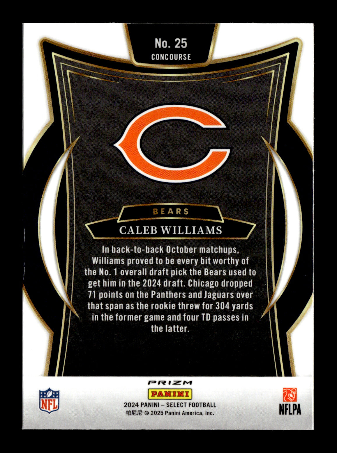 2024 Panini Select Caleb Williams #25 Red & Blue Prizm Shock Chicago Bears