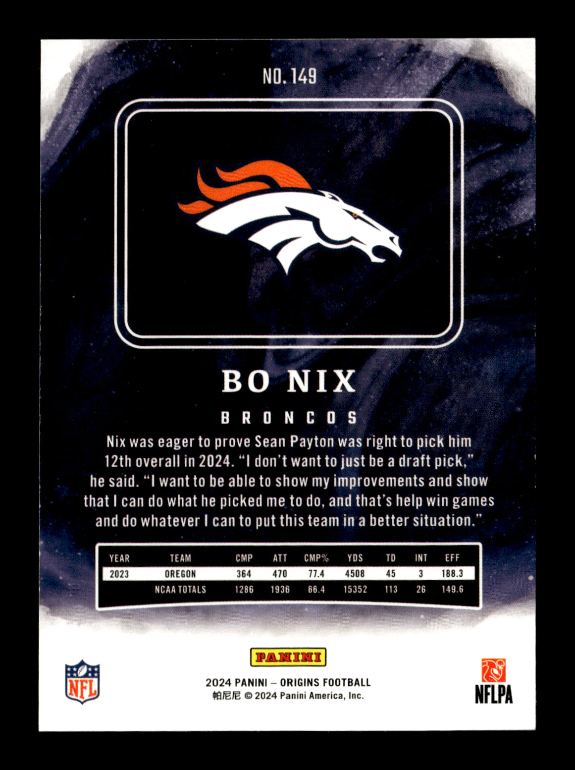 2024 Panini Origins Bo Nix #149 Denver Broncos