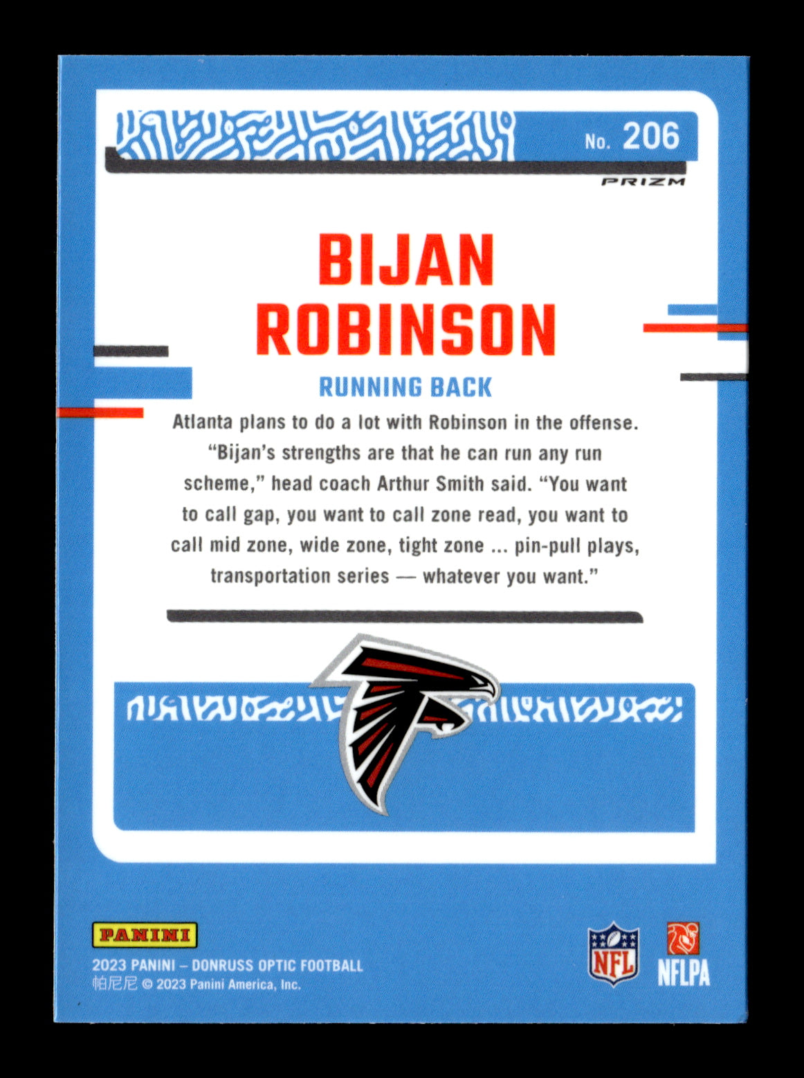 2023 Donruss Optic Bijan Robinson #206 Green Velocity Atlanta Falcons