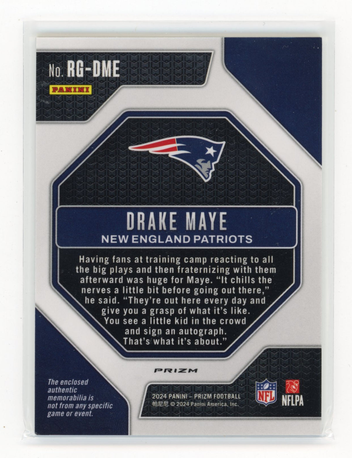 2024 Panini Prizm Drake Maye #RG-DME Rookie Gear Neon Green Pulsar