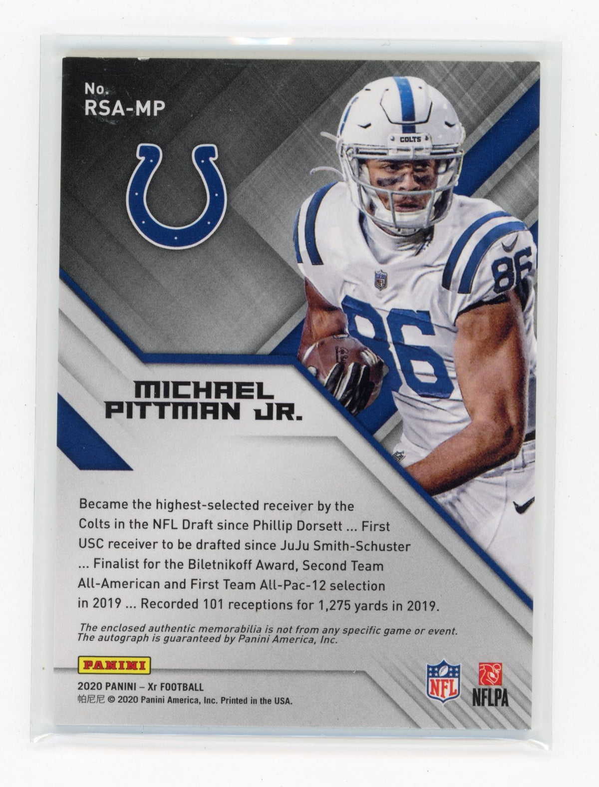 2020 Panini XR Michael Pittman Jr. #RSA-MP Rookie Swatch Autographs Red #/75